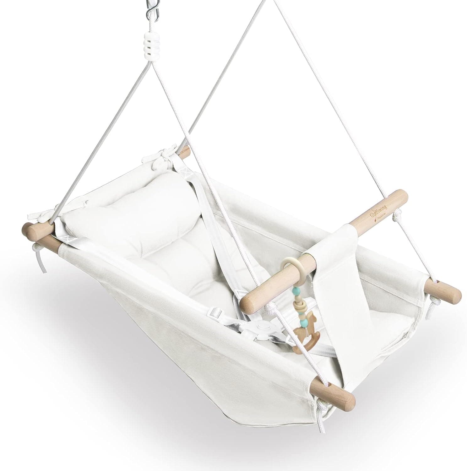 Gladswing Baby Swing Indoor Outdoor ,Canvas Toddler Swing ,White | 3 Modes Adjustable,5-Point Harness,Comfortable Cushion,Wooden Montessori Toy,Gift for Baby Boy Girl,Swing for Patio Backyard