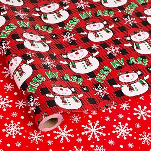 Dlyrroba Reversible Christmas Wrapping Paper Roll - Metallic Foil Gift Wrap with Xmas Design for Holiday Winter (Funny Christmas - Red Buffalo Plaid, 17 In X 16.5 Feet)