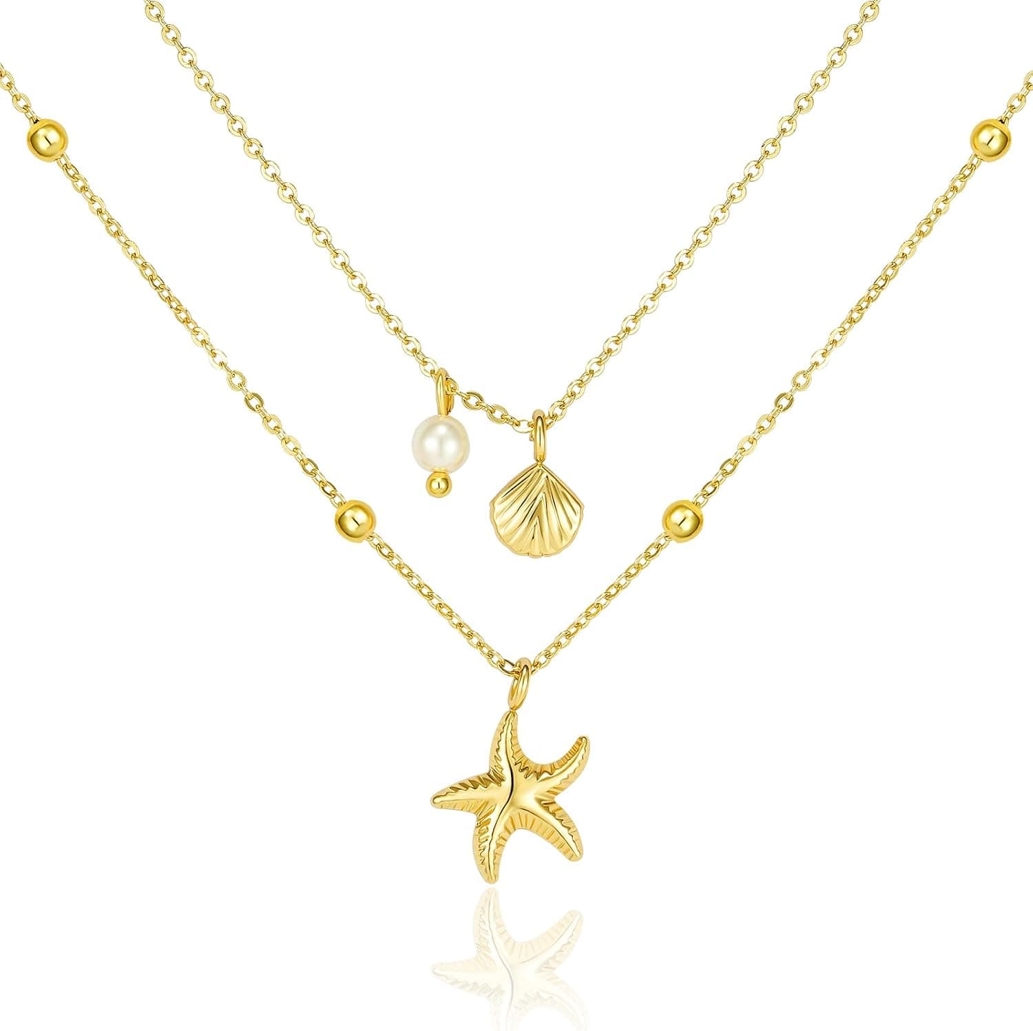 Wowshow Shell Necklace for Women Layered Starfish Conch SeaShell Pearl Pendant Charm Necklace Non Tarnish Adjustable Stainless Steel Chain Stack Jewelry for Summer Beach Vacation