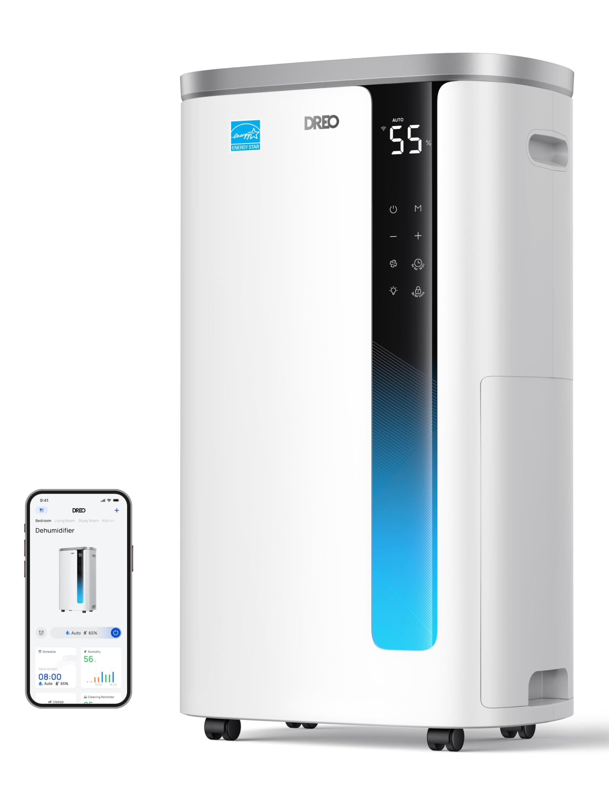 DREO Energy Star 2025 Smart Dehumidifier for Basement, 1.85 Gal Water Tank | 75 Pints, Quiet 41dB, for Home & Large Room up to 4500 Sq Ft, Drain Hose Included, Auto Humidity Control, 3 Fan Speeds, Timer