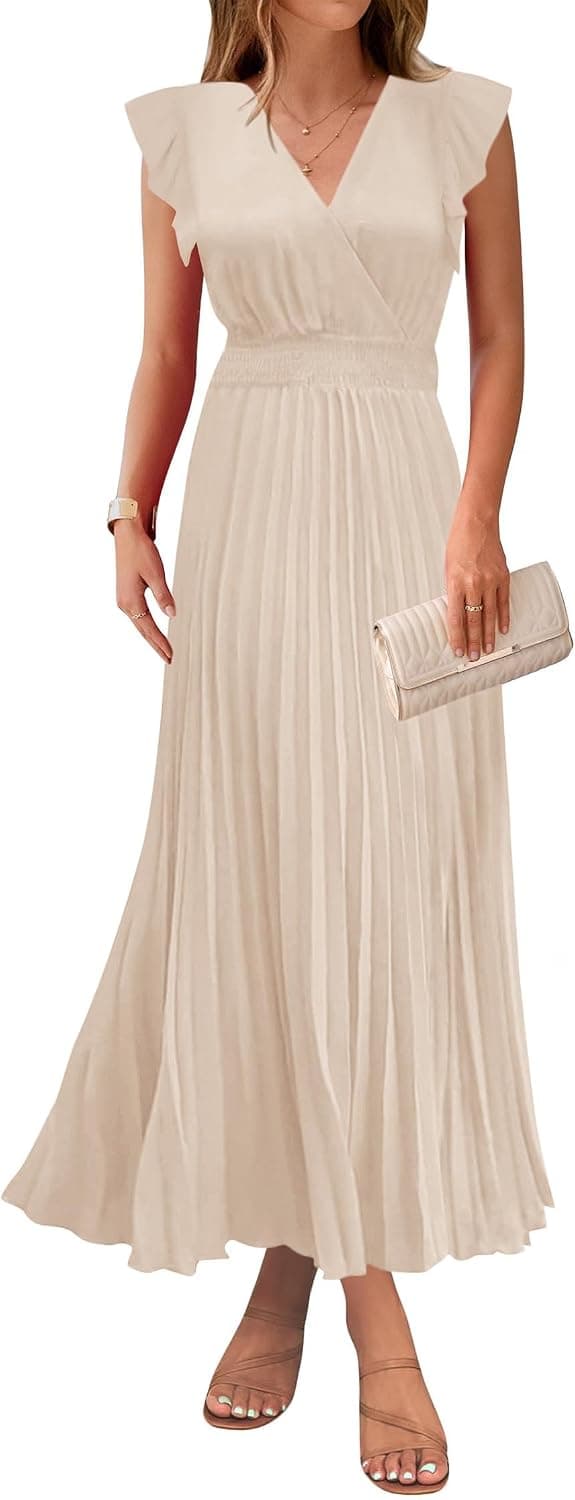 KIRUNDO Women's Summer Maxi Dresses Elegant V Neck Ruffle Flutter Sleeves Empire Waist Pleated Flowy Wedding Guest Dress (Apricot, Small)