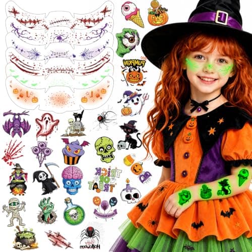 Halloween Temporary Tattoos, Glow Face & Body Stickers for Kids & Adults | Glow in the Dark Halloween Tattoos 36PCS, Spooky Costume Accessories, Party Favors, Trick or Treat Goodie Bag Stuffers