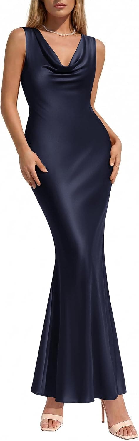 KIRUNDO Satin Dress for Women Formal Cowl Neck Maxi Dresses | Sleeveless Bodycon Long Silk Dress, Mermaid Hem, 2026 Summer Elegant Wedding Guest Cocktail Party Fall Outfits