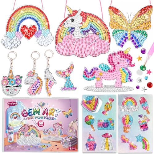 Funtopia 22 Projects Diamond Painting Kit, 2500+ 5D Gem Art for Kids | 3 Suncatchers 6 Keychains 12 Gem Stickers 1 Tabletop Standee, Gem Arts and Crafts Kits Gifts for Girls Ages 4-8 8-12