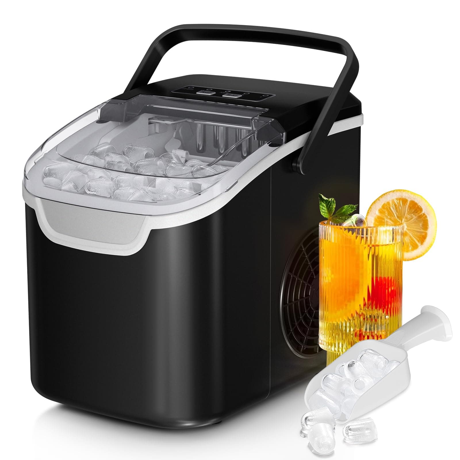 Antarctic Star Countertop Ice Maker Machine, 26Lbs/Day Fastest 6‑Min Ice | 8 bullet ice in 6min, 2 sizes, energy-saving, portable handle, Self-Cleaning, basket/scoop for Home/bar/RV/camping. Black