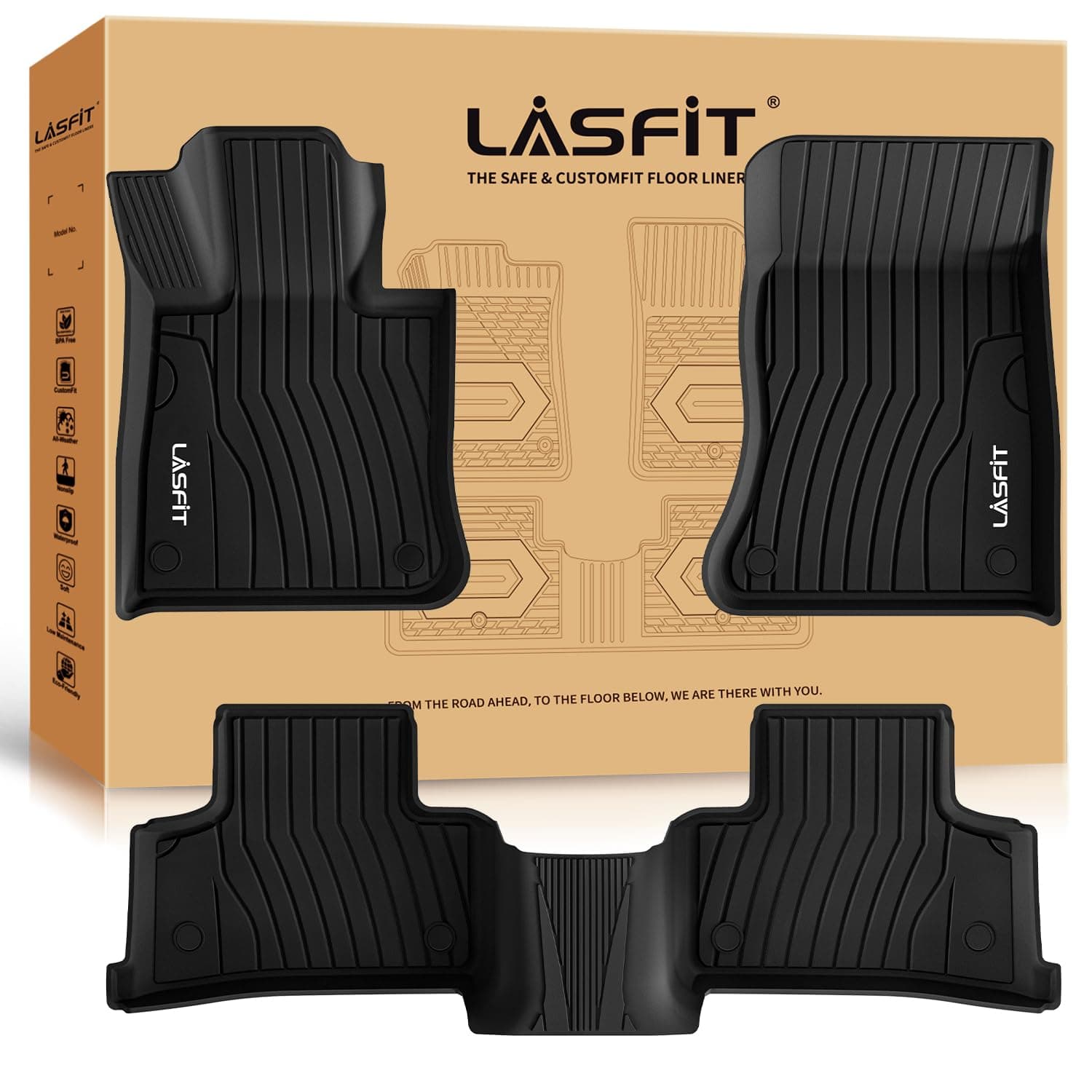 LASFIT Floor Mats for Mercedes Benz GLC SUV 2023-2027 & Coupe 2024-2027 | Fit for 300/350e/43 AMG/63 AMG S E Performance, All Weather TPE Non-Slip Easy to Wash, 1st & 2nd Row Car Mats, Black