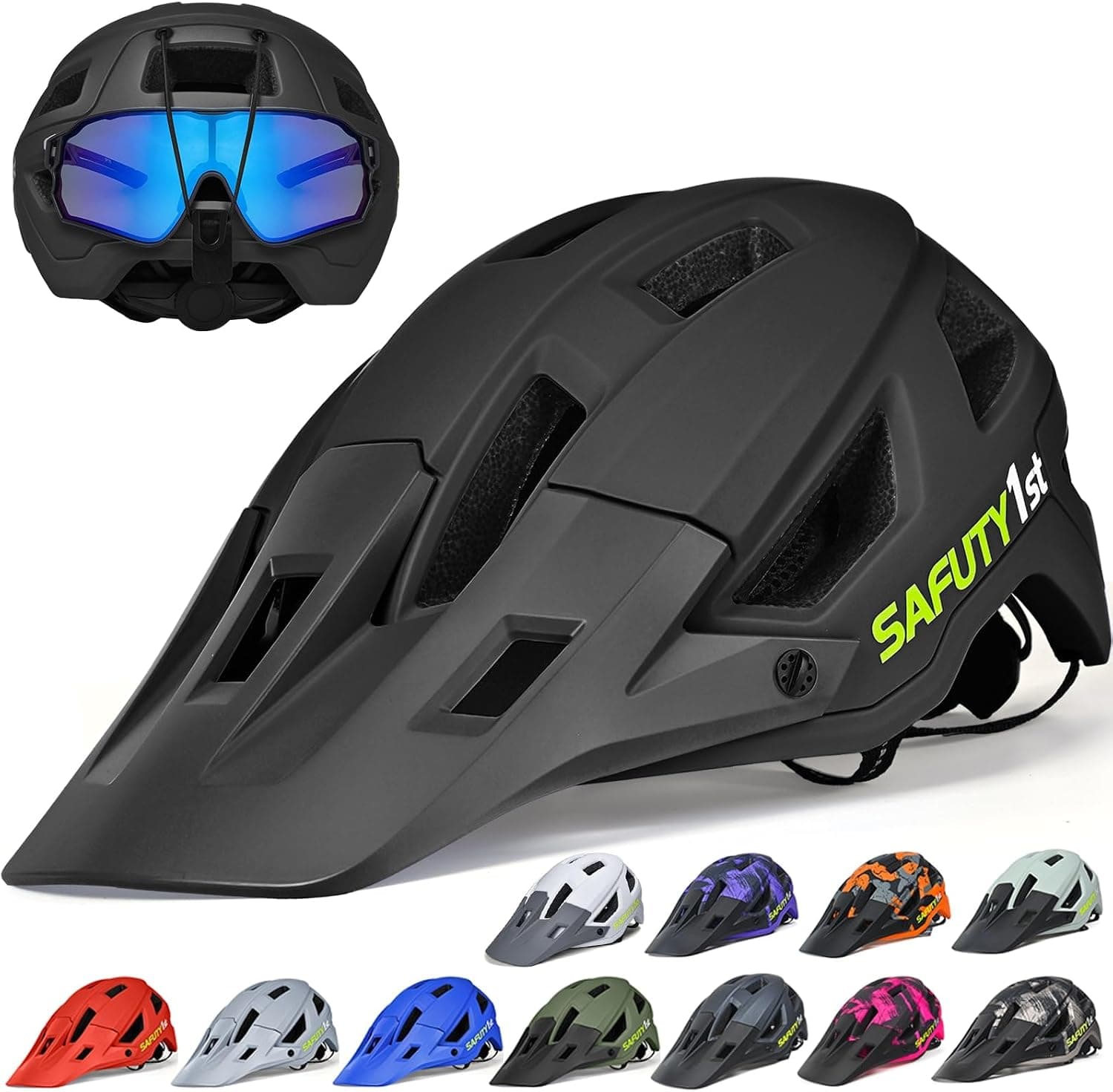 Safuty1st Bike Helmet for Adults - Lightweight Mountain Bike Helmet with Visor, Impact-Resistant Cycling Helmet for Men Women, Adjustable Dial Fit for Mountain Biking & E-Bike Riding