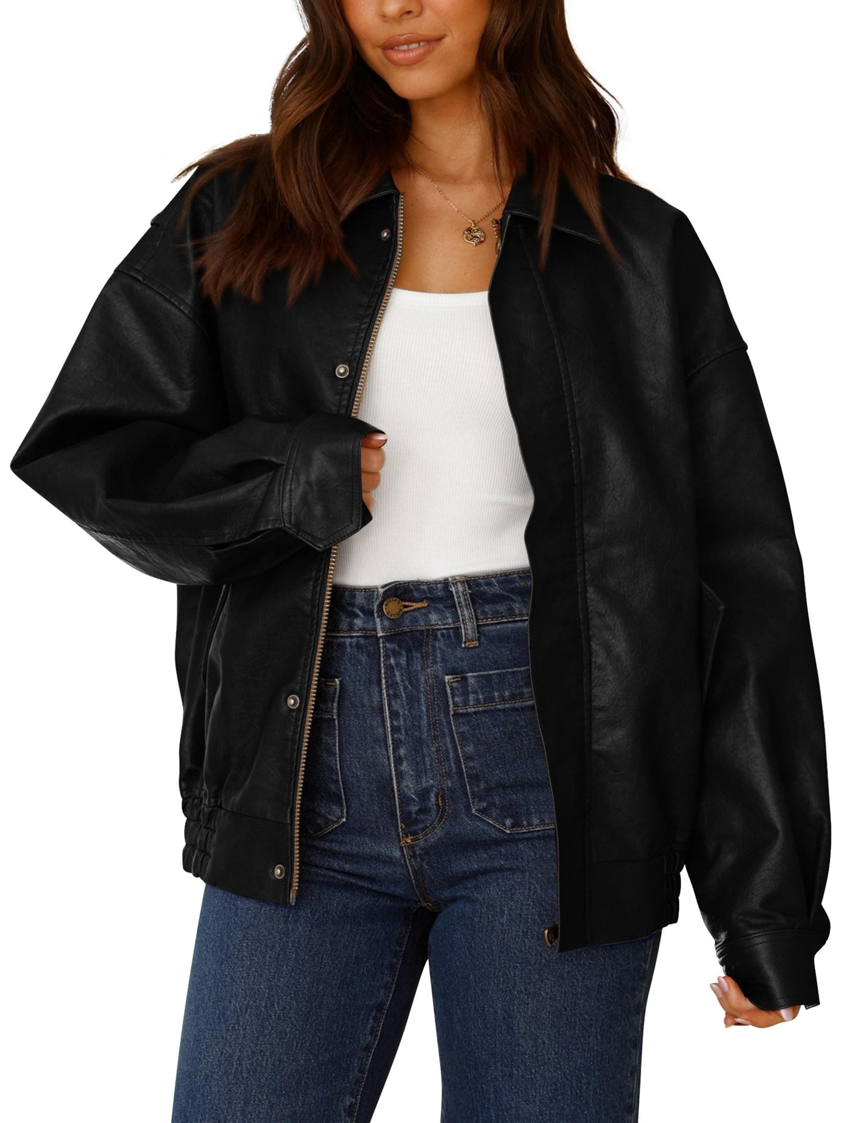 PRETTYGARDEN Women's Faux Leather Motorcycle Jackets | Trendy Fall Spring Clothes, Long Sleeve Collared, Zip Up Buttons, Loose Fit Oversized Jacket, Winter Coats, Going Out Outfits