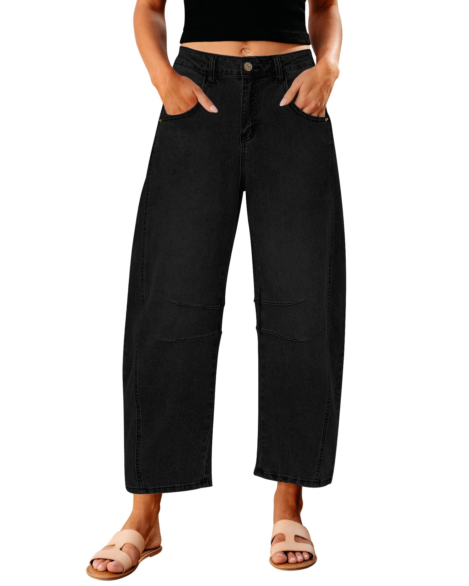 GRAPENT Barrel Jeans for Women High Waist Baggy Cropped Stretch Denim Pants | Barrel Leg Cut, High Rise, 26'' Inseam, Seam Details, Trendy Crop Jeans, Relaxed Fit, For Daily Wear, Dressy Casual Outfits