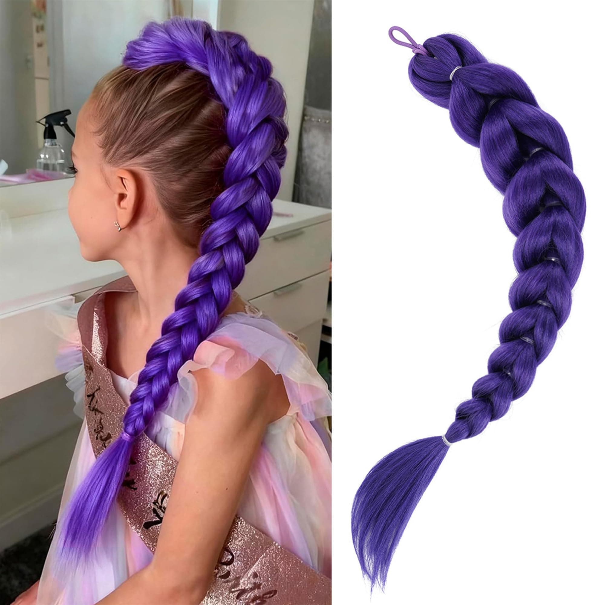 Getgal 24inch Purple Braids Ponytail Hair Extensions Kids Costume for girls | Pre Braiding Hair with Tie,Synthetic,Halloween Costumes for Girls,Perfect for Birthday&Cosplay&Party,Long Purple Wig
