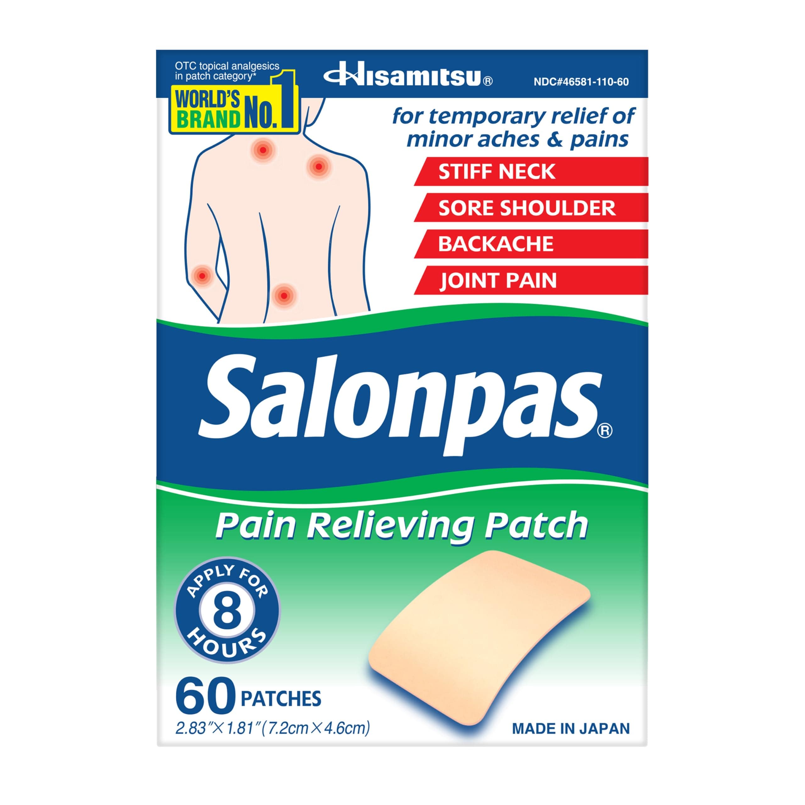 Salonpas Pain Relieving Patch, 60 Count (Pack of 1) | Apply For Up to 8 Hours, For Temporary Relief of Minor Aches & Pains, Stiff Neck, Sore Shoulder, Backache, Joint Pain