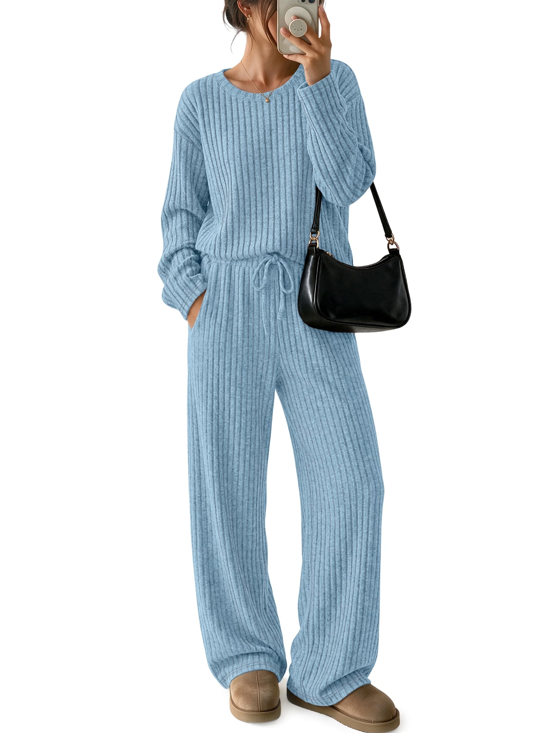 LILLUSORY Womens Lounge Sets 2 Piece Matching Pajamas Fall Outfits 2026 | Comfort stretch fabric, casual sweatsuits, cute loungewear with pockets, travel airport winter clothes