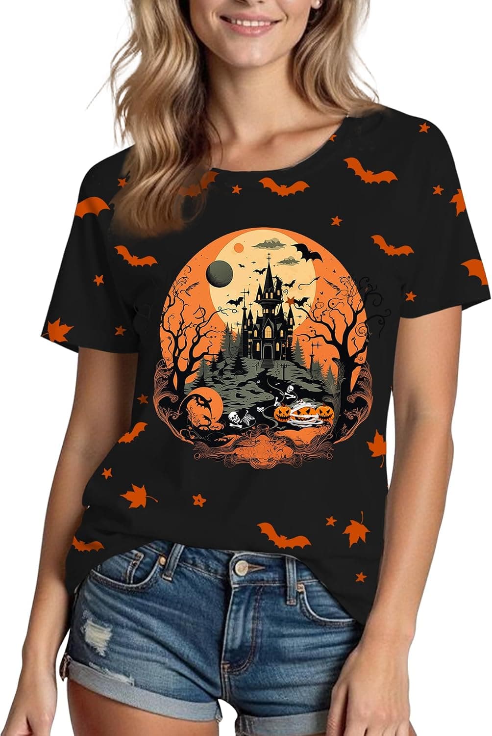 Halloween Shirts for Women: Castle Pumpkin Graphic Tee