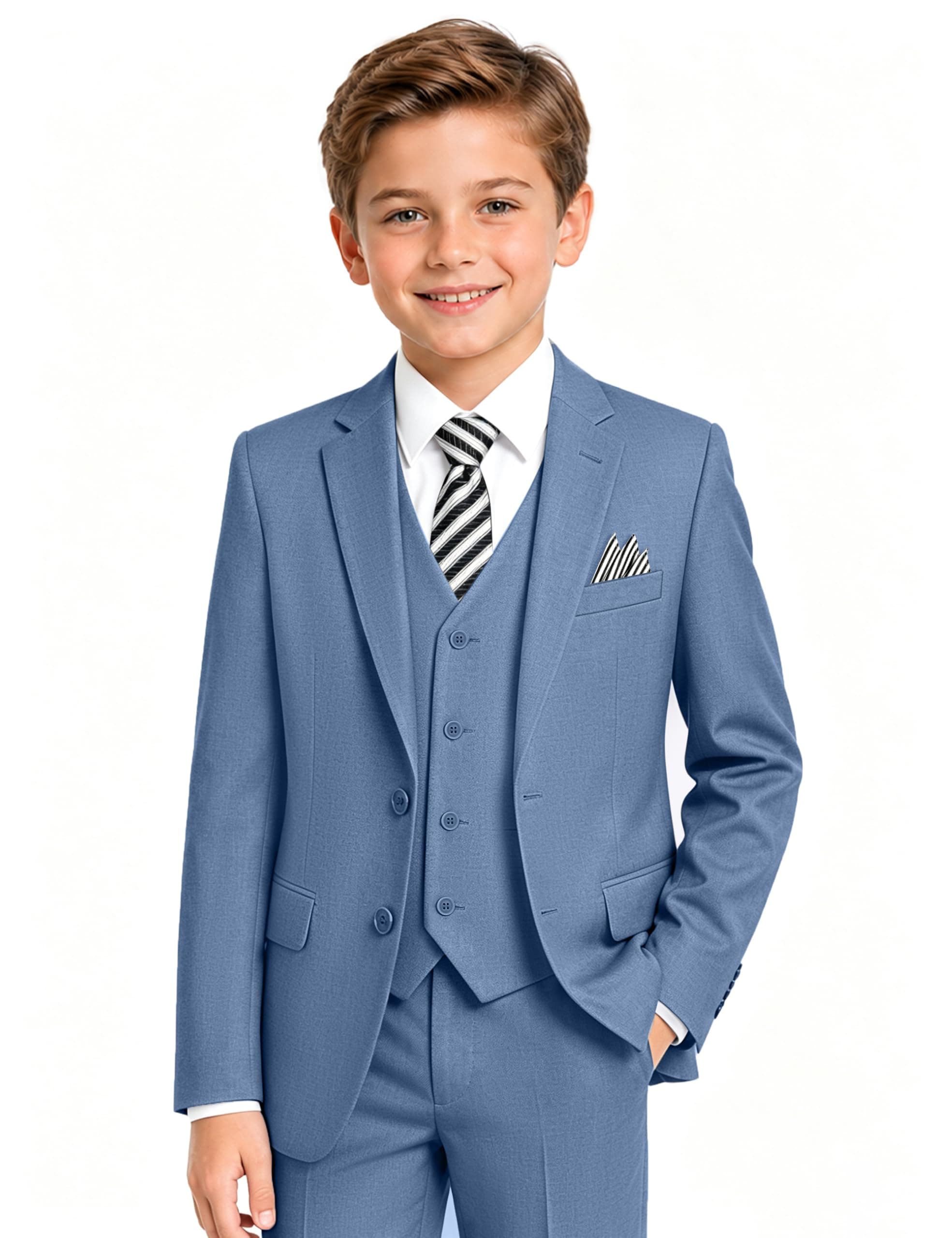 Singing Parrot Boys’ 7-Piece Formal Suit Set, from Toddlers to Teens | Includes Suit Jacket, Vest, Pants, Dress Shirt, Pre-Tied Zipper Neck Tie, Bow Tie and Pocket Square
