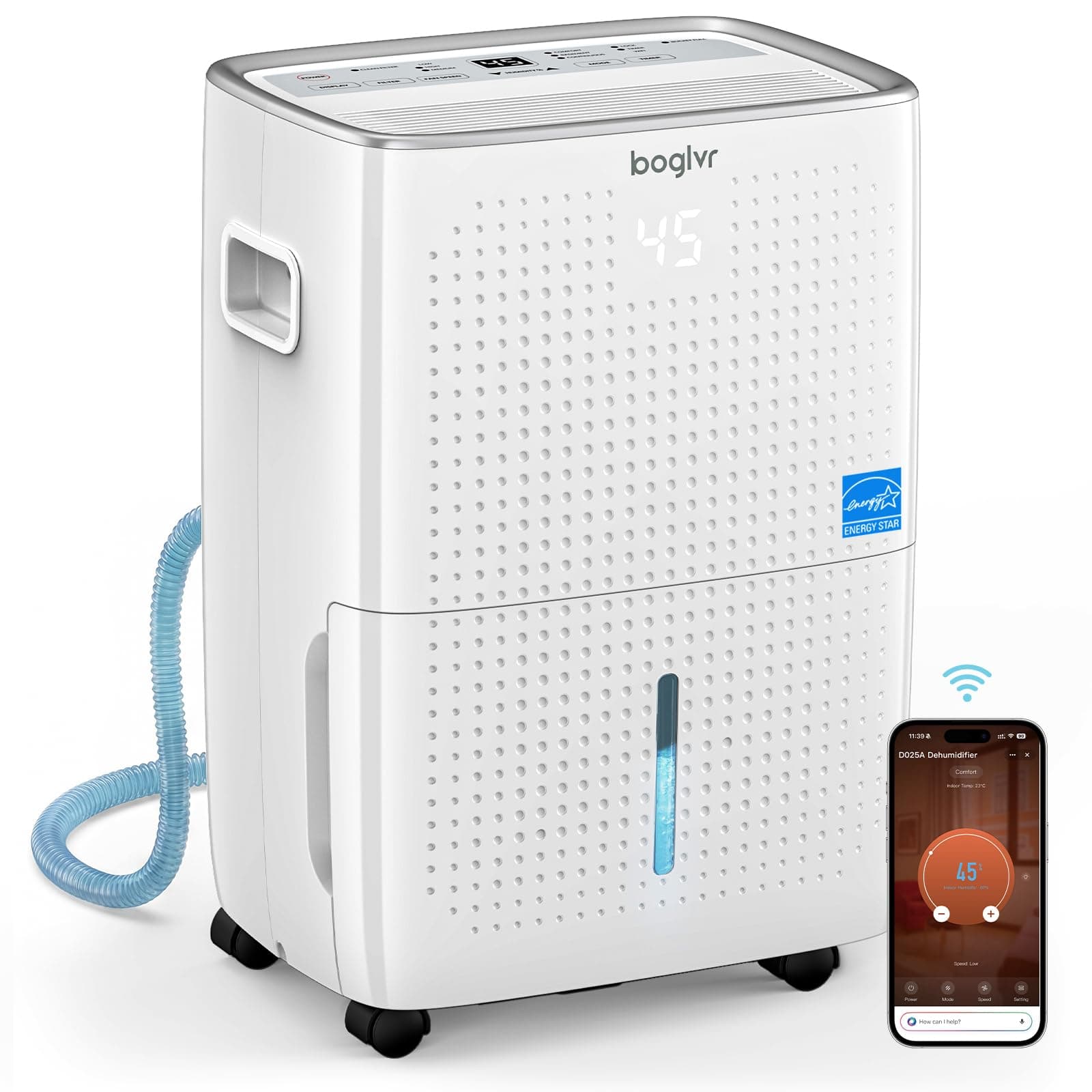 6000 Sq.Ft. Energy Star Dehumidifier for Basement, Max 100Pint/Day Smart WiFi Dehumidifier with Drain Hose, Voice & APP Control, Adjustable Humidistat for Home, Bedroom, Bathroom, Garage(White Gray)