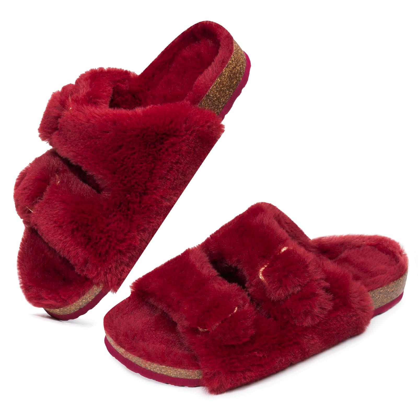 FITORY Womens Open Toe Slippers,Faux Rabbit Fur Cork Slides Sandals | Cozy Lining,Elastic Straps,Fuzzy,Cute,Comfy,Lightweight,Slip on Bedroom House Shoes,Indoor and Outdoor