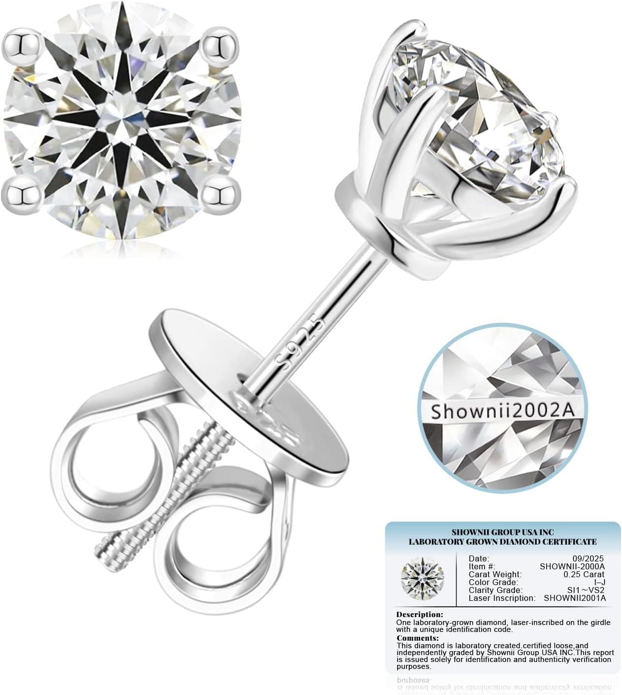 SHOWNII LAB GROWN Diamond Stud Earrings for Women 0.25CT - 2CT Screw Back | Certified Lab Grown Diamonds, I-J Colo SI1-VS2, 14K Gold Plated Hypoallergenic Sterling Silver, 4-Prong Unisex