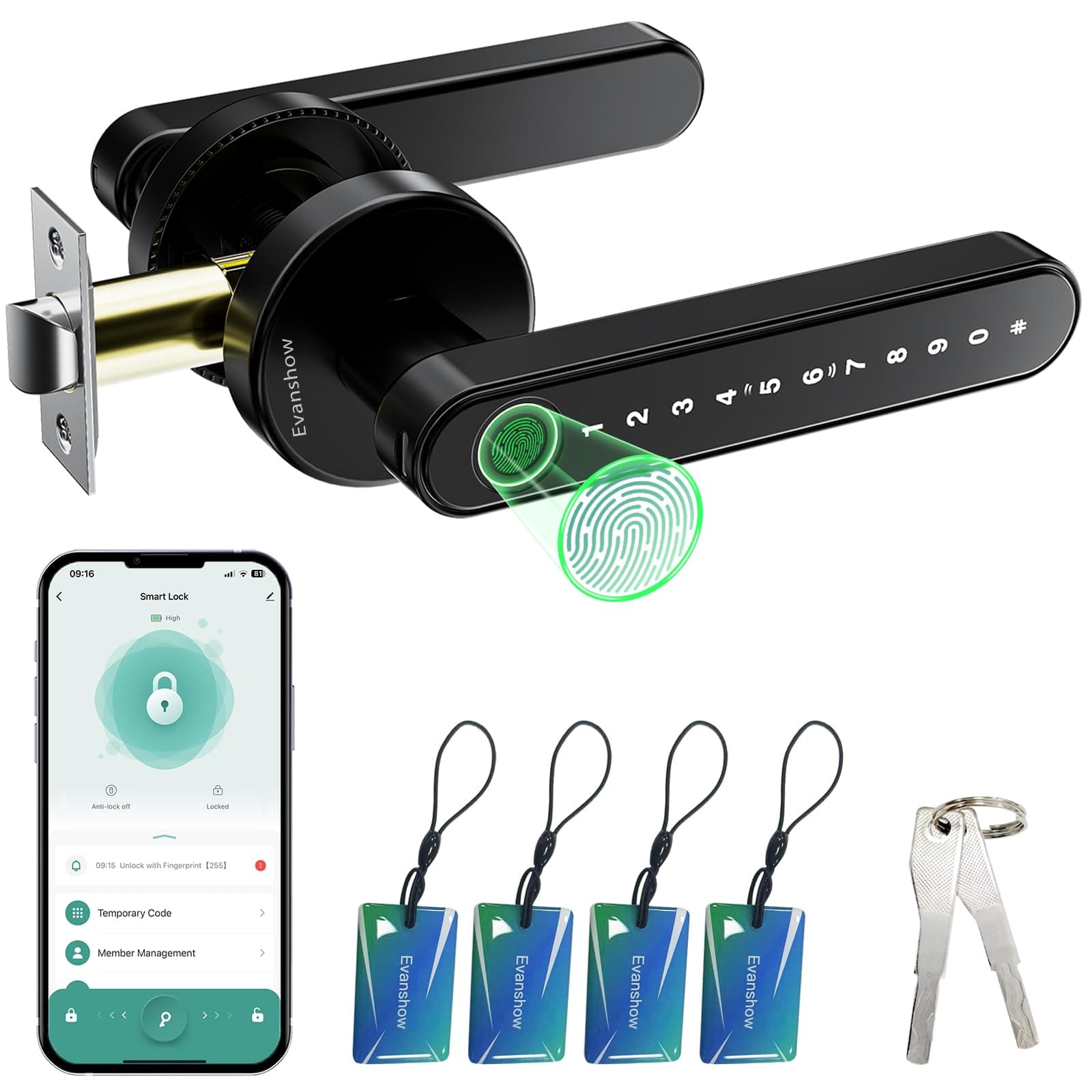 Evanshow Smart Door Lock with Knob, Keyless Entry Door Locks with Handle, Fingerprint Door Knob for Bedroom/Front Door/Apartment,Generate Passcode Remotely Black