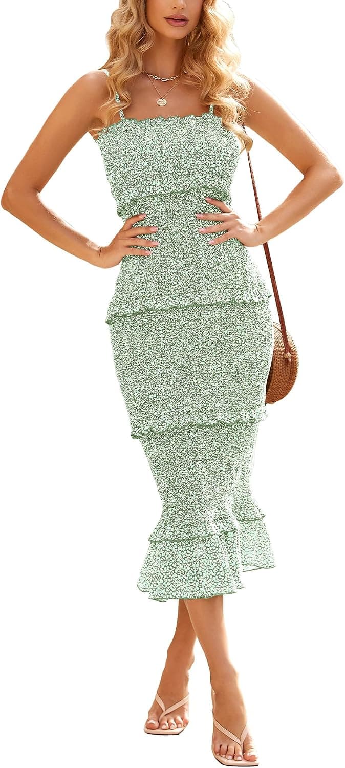 dowerme Women Summer Floral Smocked Bodycon Midi Dress,Bean Green,Small | Casual Spaghetti Strap Square Neck Ruffle Mermaid Sundress,Fall Formal Prom Wedding Guest Dresses,Travel Vacation Outfits