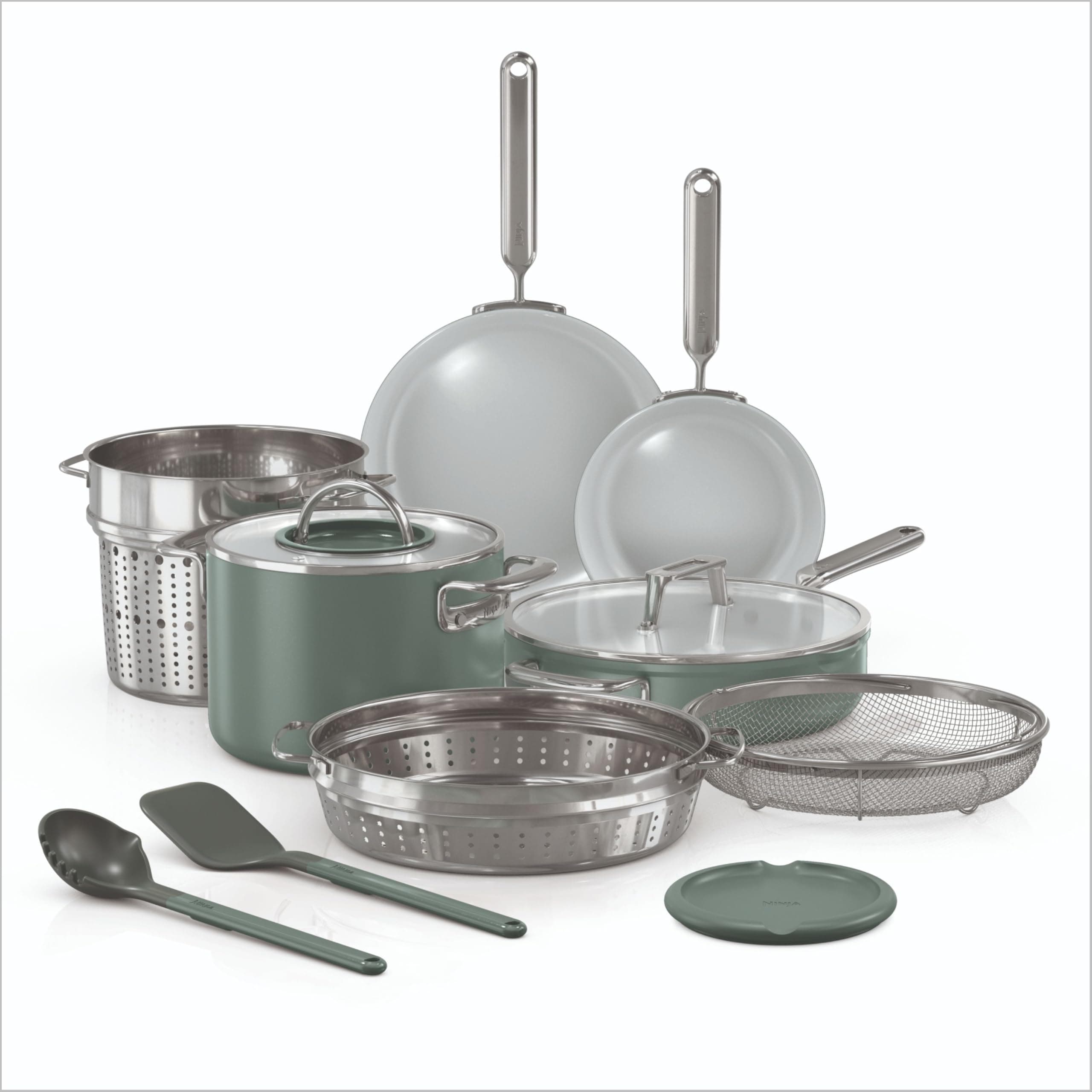 Ninja NeverQuit™ 12-Piece Ceramic Cookware Set, Forest Sage, CQ19012GN6 | Nontoxic¹, nonstick ceramic-coated cookware set; Fry pans, saucepans, glass lids, easy storage, 3-year guarantee