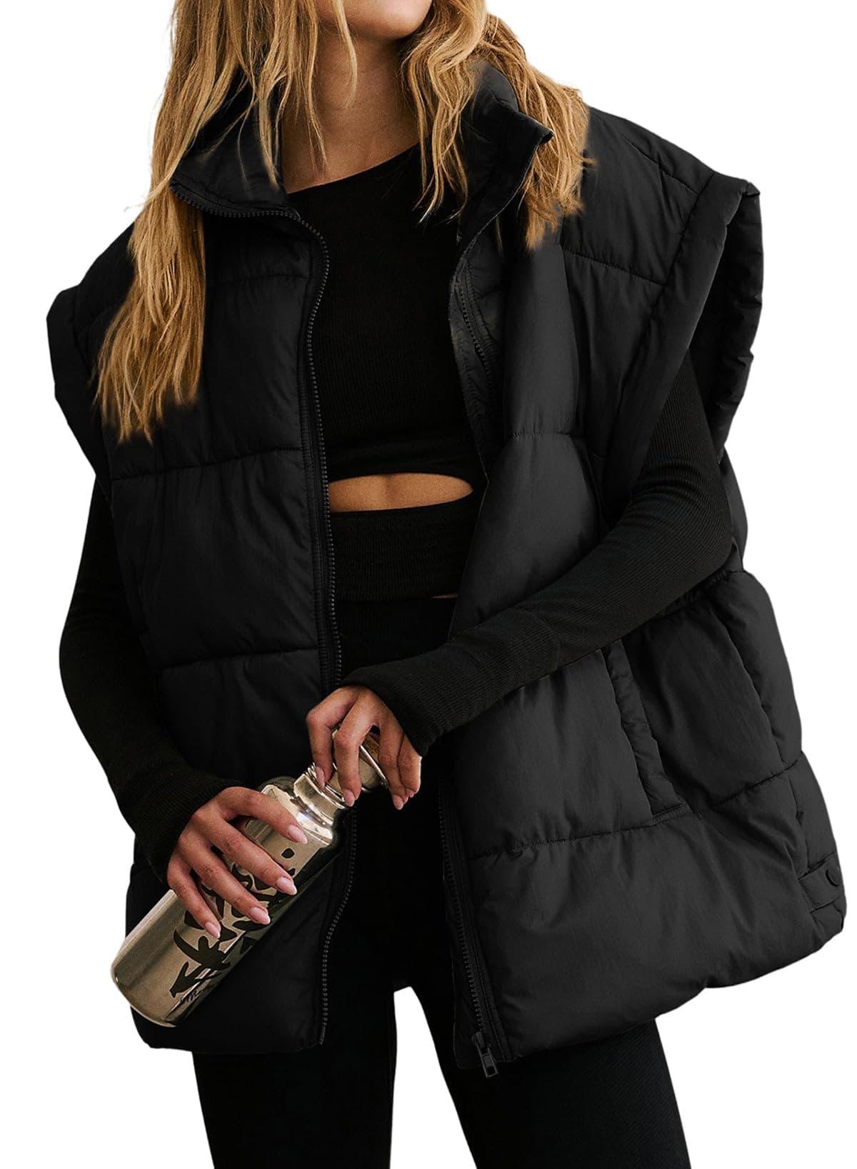 Dokotoo Women's Casual Winter Oversized Puffer Vest Stand Collar Flysleeve Insulated Padded Puffy Jackets Coat with Pockets