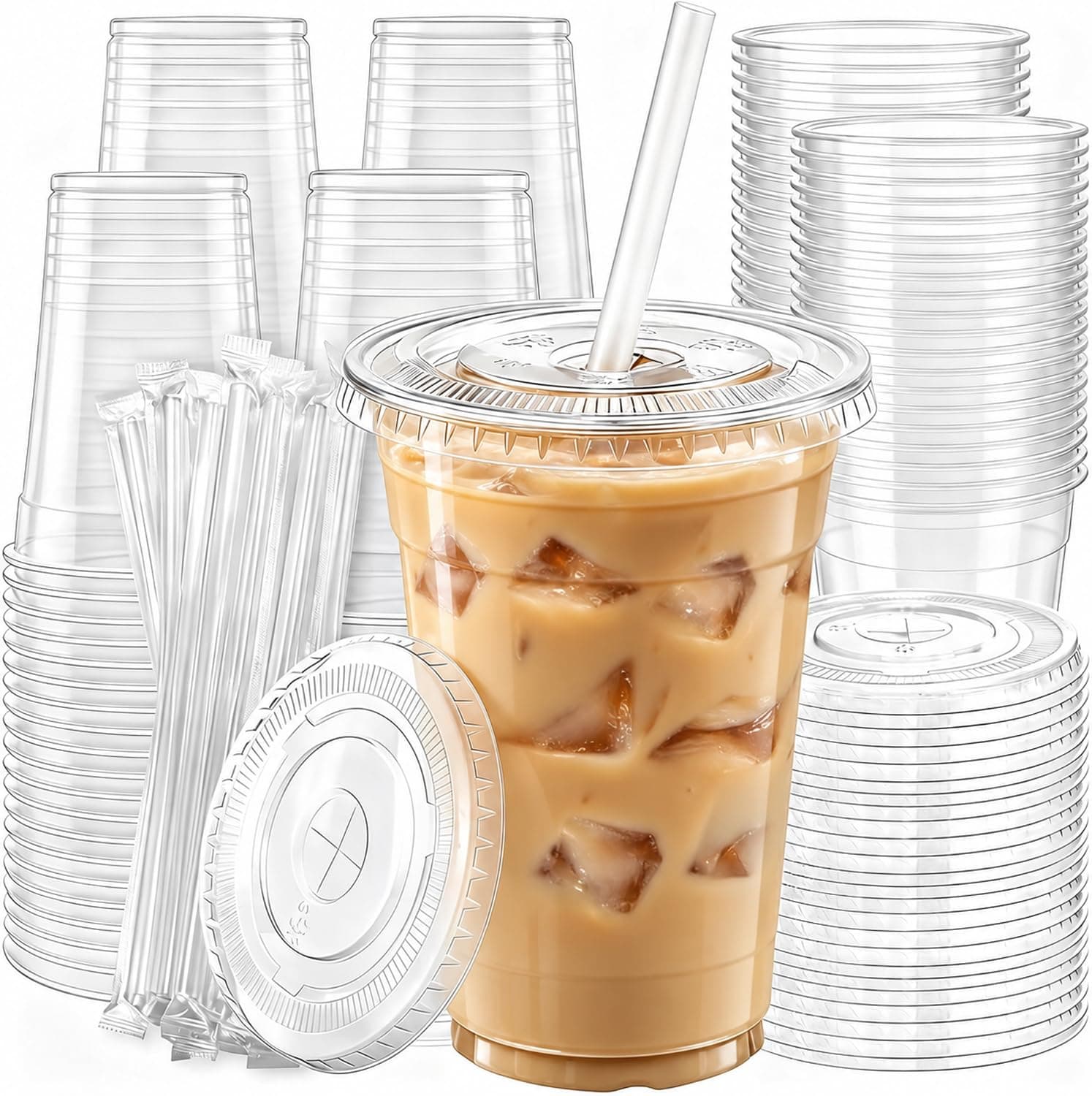 𝟏𝟎𝟎 𝐏𝐚𝐜𝐤 16 oz Disposable Clear Plastic Cups with Lids and Straws | To Go, BPA-Free, Sturdy, Leak-Resistant, Iced Coffee, Smoothie, Matcha, Juice, Cold Drink, Party, Home, Office,Bulk