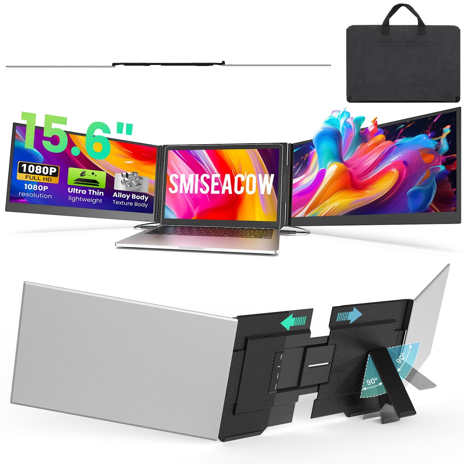 15.6" Laptop Screen Extender, 1080P FHD Ultra-Slim Triple Portable Monitor | Plug & Play via USB-C/HDMI,No Need Driver, for 12"-17.3" Laptops, Travel Dual Monitor Extender for Win/Mac/Android/PS5/Chrome