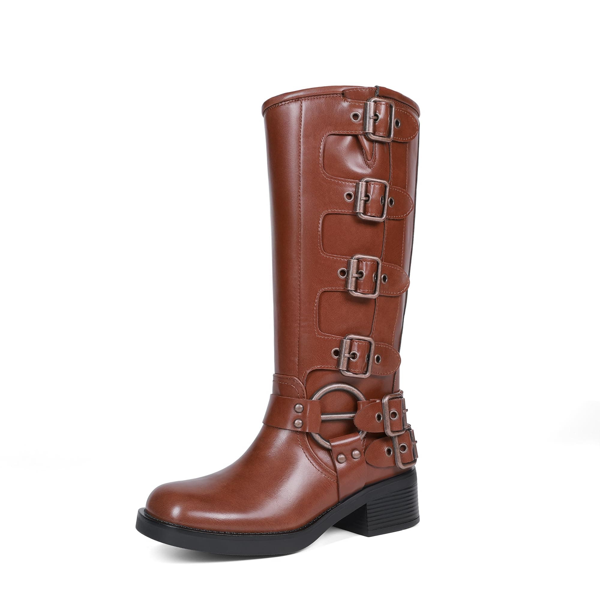 DREAM PAIRS Women's Knee High Biker Moto Boots | Adjustable Buckles,Square Toe,Low Chunky Heel Riding Motorcycle Boots,Tall Long Boots for Daily Casual Fashion Style
