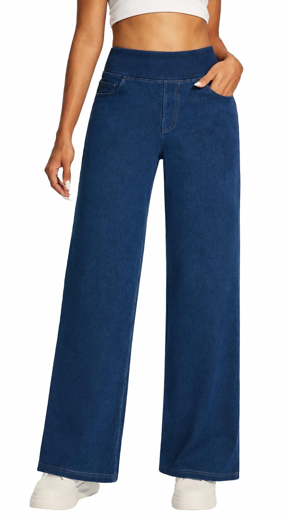 Wide Leg Jeans for Women Trendy Stretchy Pull On Baggy Sweatpant Jeans | 5 Pockets, Soft Stretch Denim, Petite/Regular, Pull-On, Elastic Waist, Wide Leg, No Zipper, High Waisted, Baggy, Denim Pants