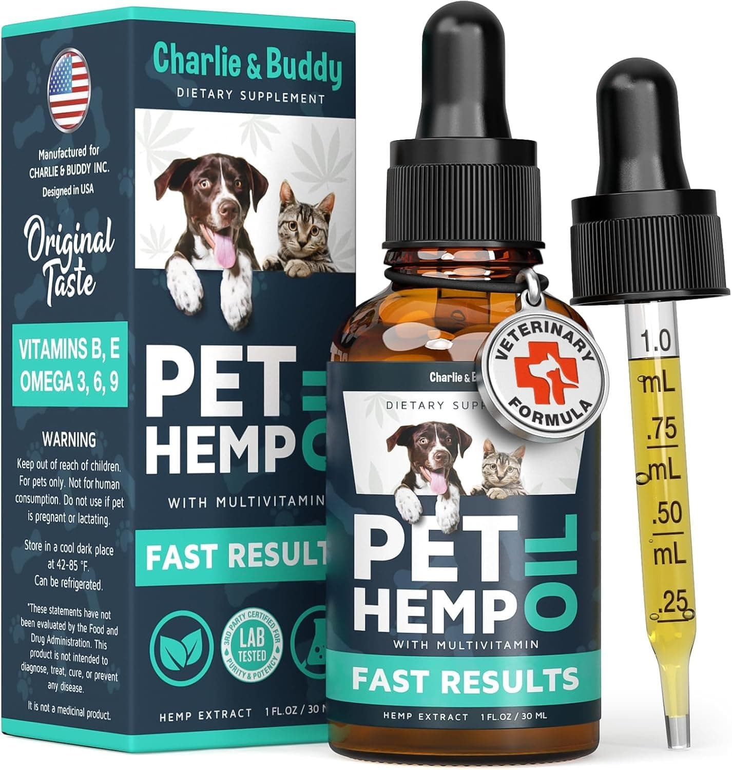Hemp Oil for Dogs, Cats - Natural Calming Pet Anxiety, Stress & Pain Relief | Charlie & Buddy Hemp Oil for Dogs & Cats - Natural Calming Stress & Anxiety Relief Drops, Hip & Joint, Omega 3, 1 Fl Oz
