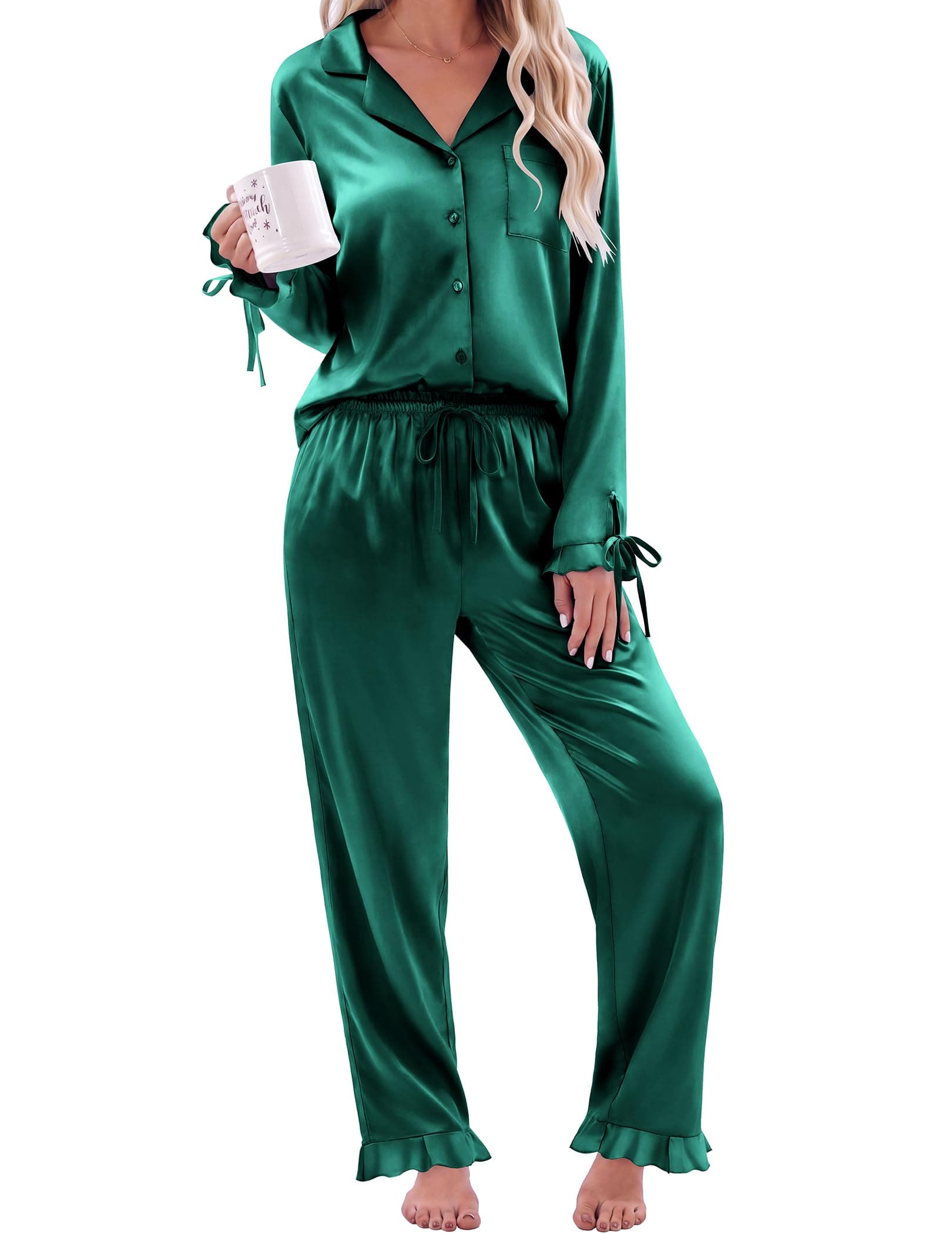 Ekouaer Satin Pajamas for Women Silky Long Sleeve Button Down Pajama Sets | 2 Piece Sleepwear Top with Ruffles and Ribbons & Pants with Pockets Soft Lounge set for Sleep, Daily Wear, Gift, Fall, Winter