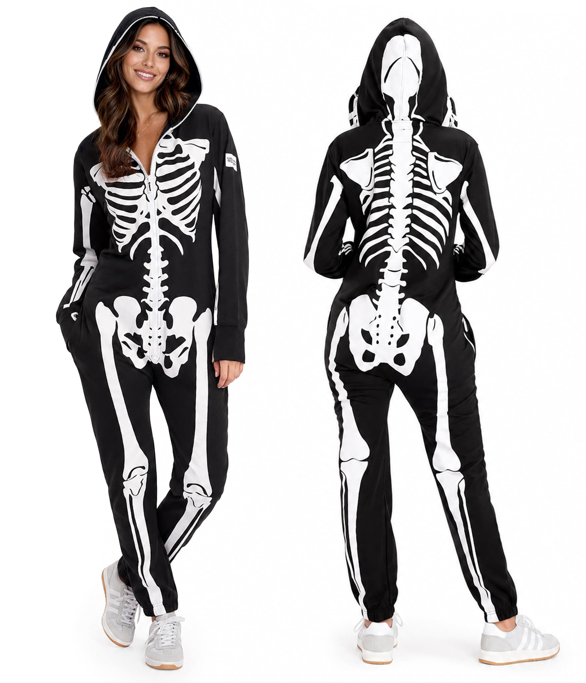 Tipsy Elves Skeleton Halloween Jumpsuit Costume for Women | Front and Back Print, Mesh Eyehole Hood, Hidden Front Zipper, Convenient Pockets, Premium Construction
