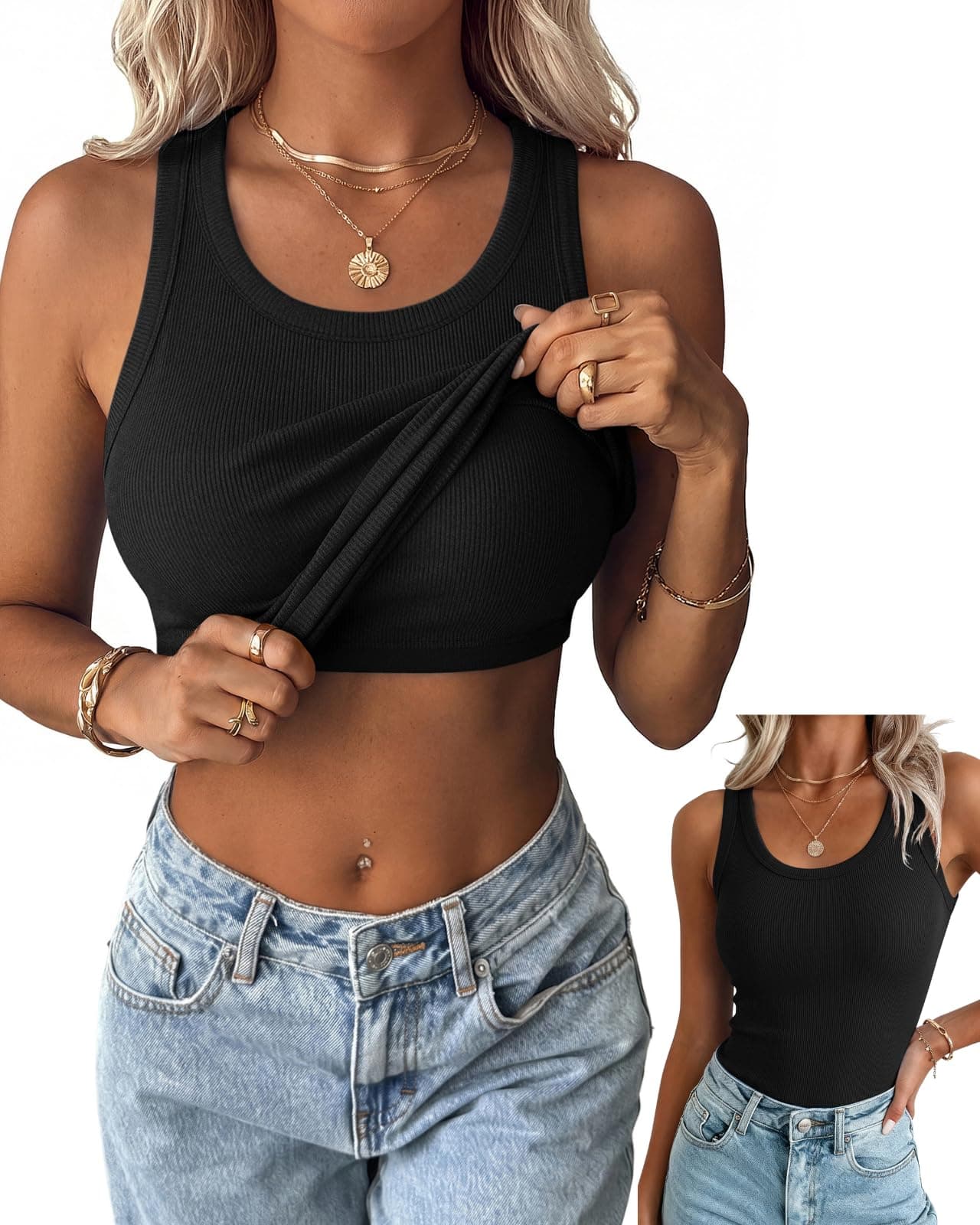 Zeagoo Tank Tops with Built in Bra for Women Sleeveless Ribbed Summer Tops | Basic Racerback Padded Crewneck Shirts, Casual Going Out Slim Fitted Clothing, 2026 Cute Trendy High Neck Fashion Outfits