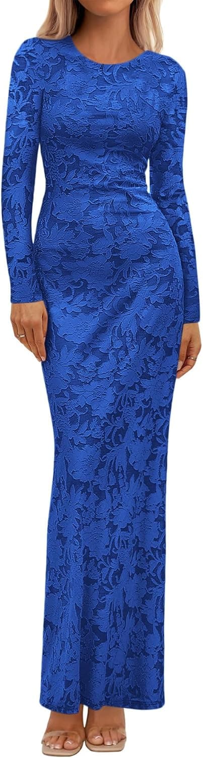 BTFBM Wedding Guest Dresses for Women 2026 Fall Elegant Floral Lace Ruched Long Sleeve Bodycon Cocktail Party Maxi Dress(Blue, Large)