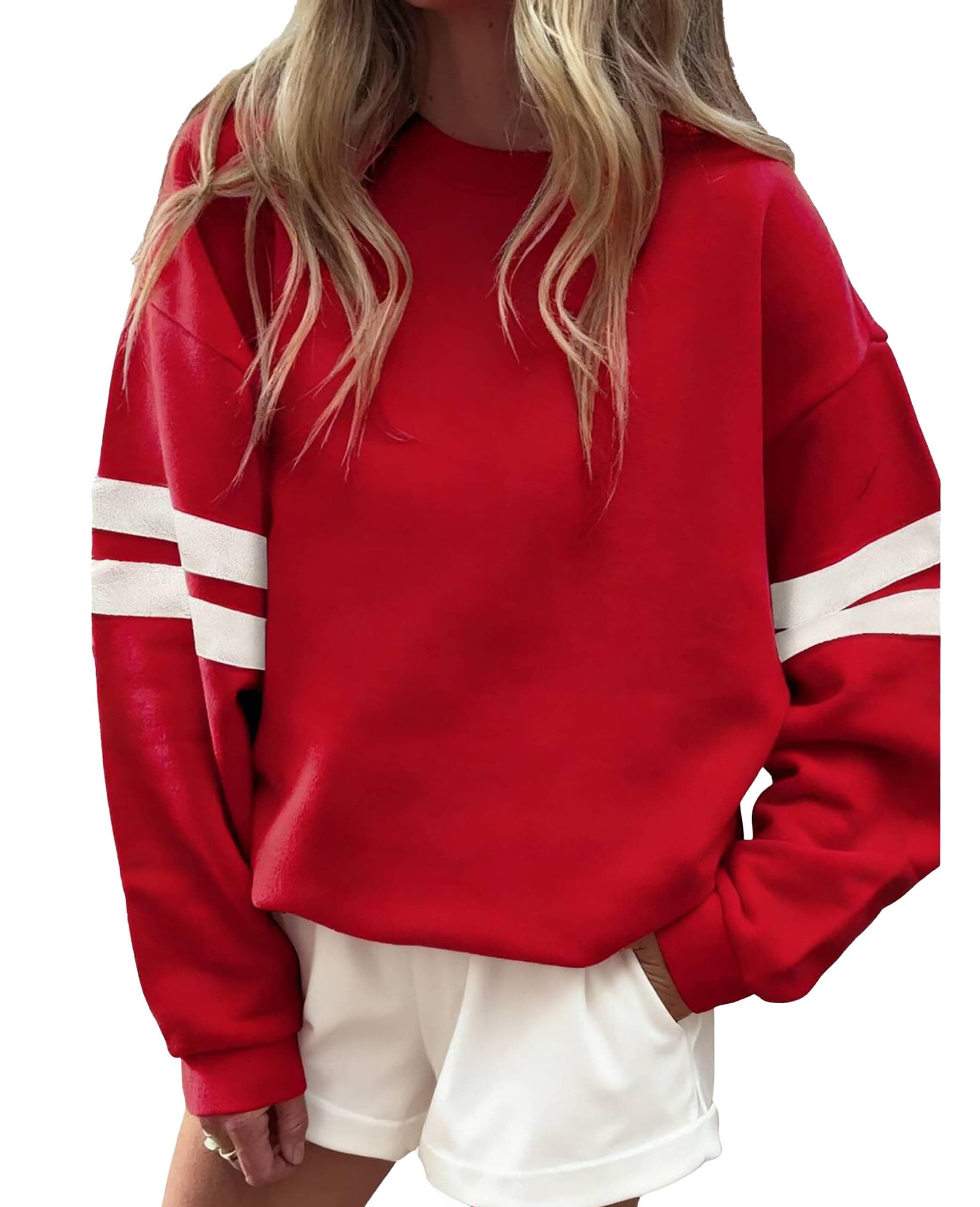 KevaMolly Women Varsity Striped Drop Shoulder Sweatshirt | Oversized Long Sleeve Pullover, Crew Neck Casual Fashion Tops