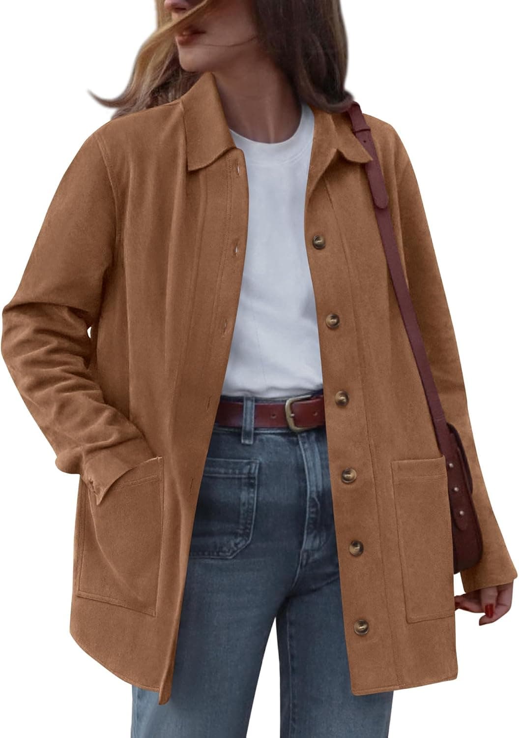 BTFBM Fall Fashion Faux Suede Jacket Women Winter Clothing,Camel,S | No-Sew Lapel Neck & Cuff, Long Sleeve Shackets, Button Down Outerwear, Lightweight Jackets, Coats With Pocket, Western Outfit
