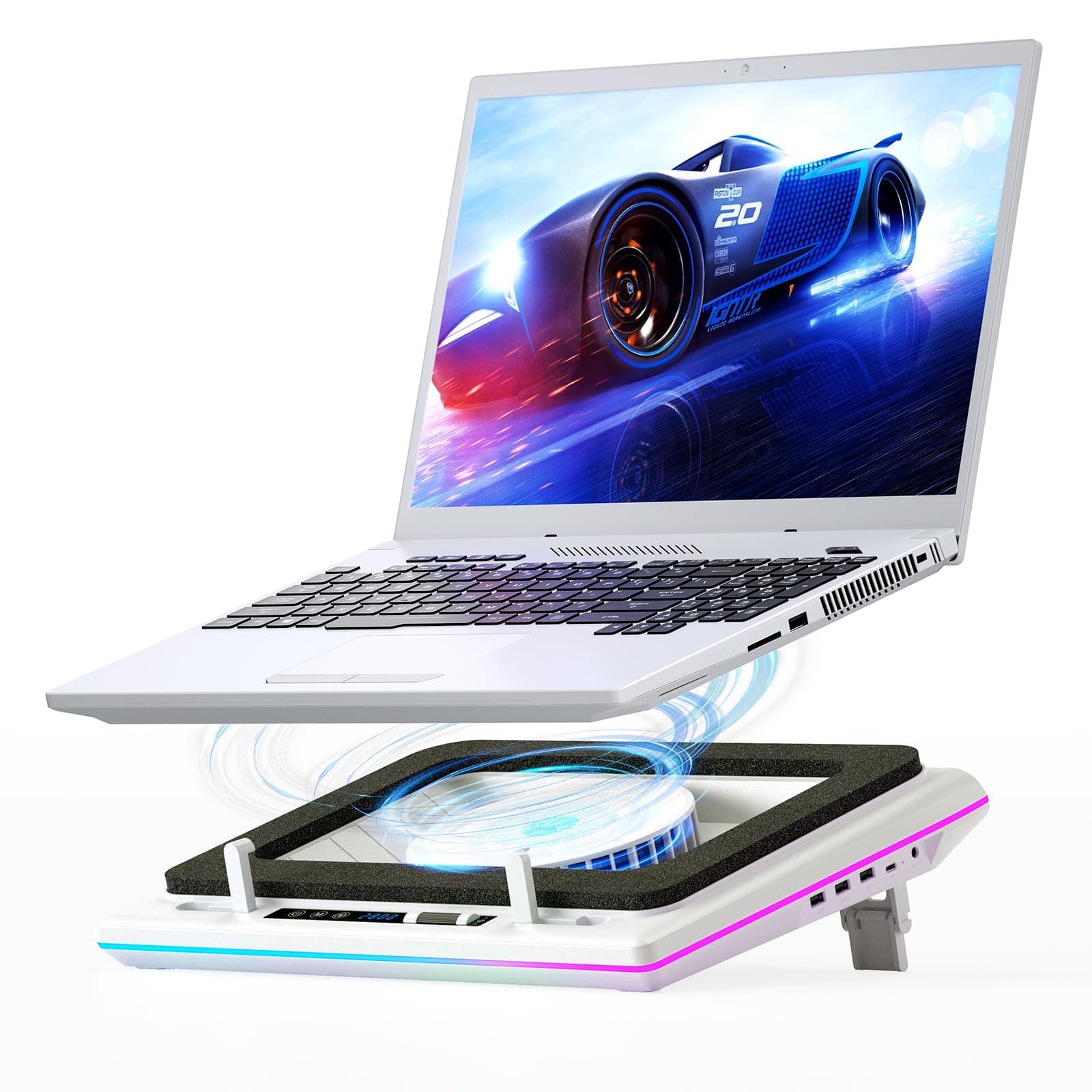 llano V12 RGB Laptop Cooling Pad, Gaming Laptop Cooler | 5.5 Inch Turbofan, Airtight Pressure Chamber, Fast Cooling Laptop 15.6-19in, Adjustable Speed, Touch Control, White (RGB)