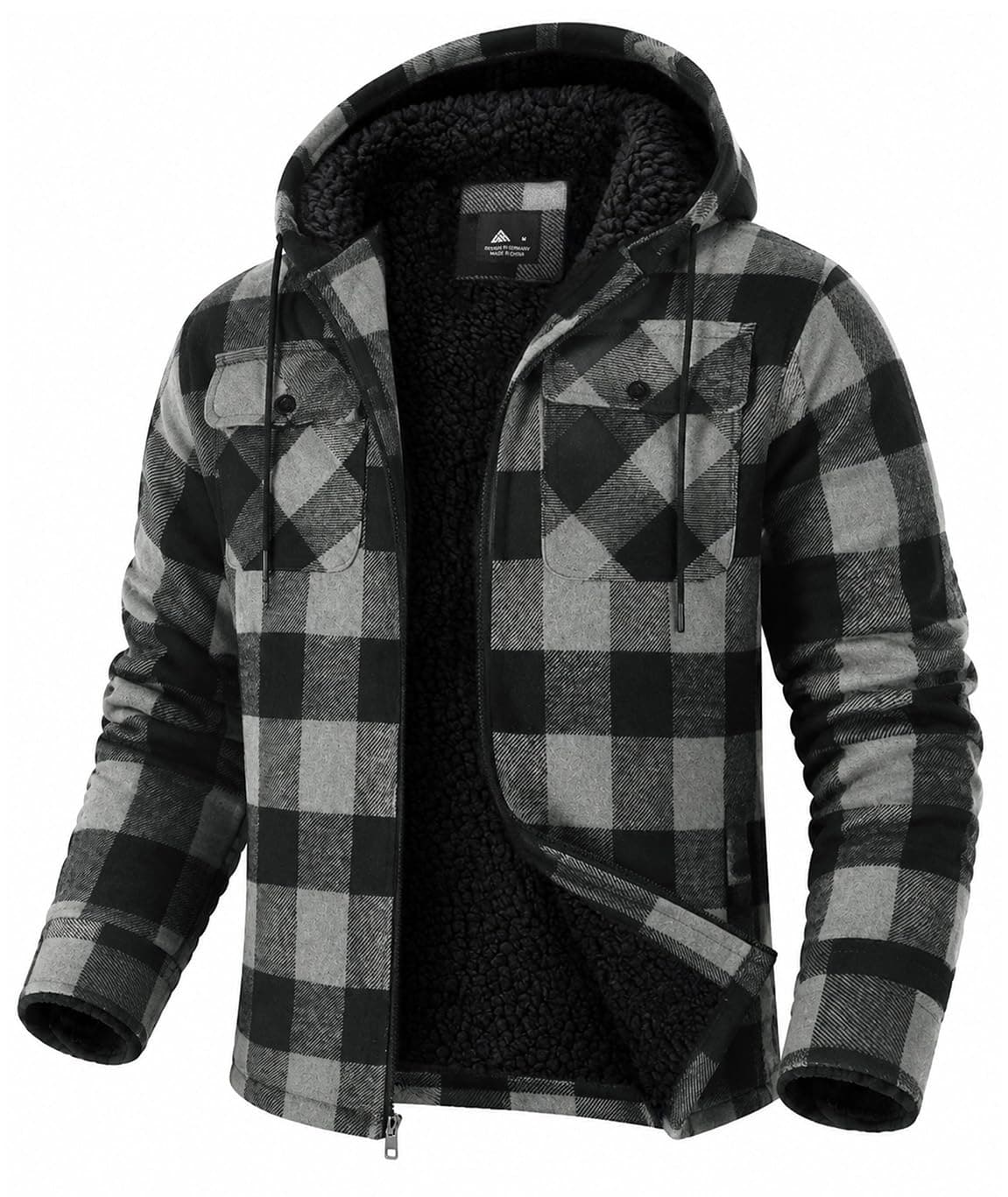 GEEK LIGHTING Men's Flannel Shirts Jacket Sherpa Lined Plaid Zipper Hoodie | Winter Warm, Fleece, 4 Pockets, Classic, Adjustable Drawstring, Windproof, Thick Sweatshirt, Outwear, Office, Travel