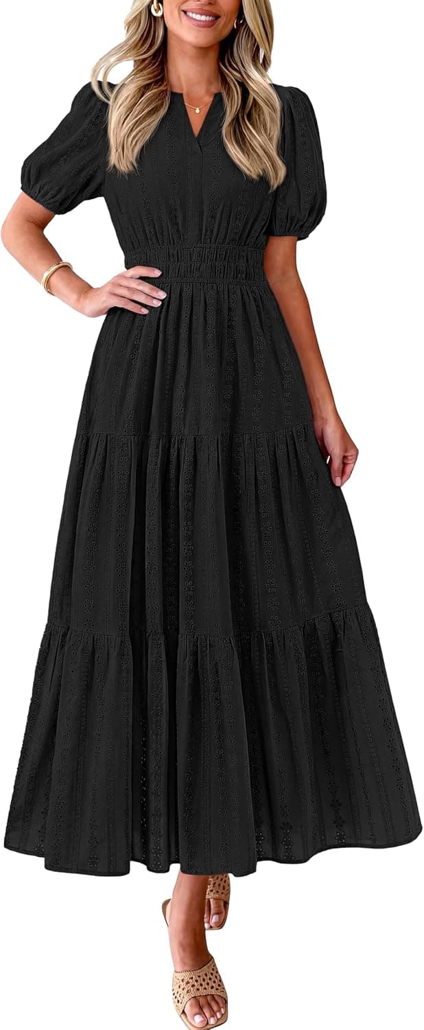 PRETTYGARDEN Womens Summer Maxi Dresses 2026 Casual Puff Sleeve V Neck Smocked Flowy Eyelet Cotton Dress Spring Sundress(Black,Small)