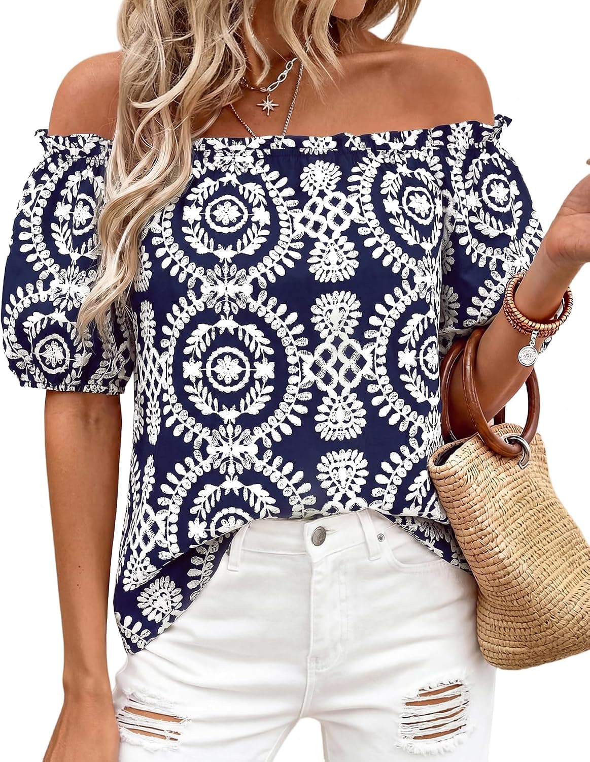 BTFBM Off The Shoulder Boho Tops for Women 2026,Navy White,XL