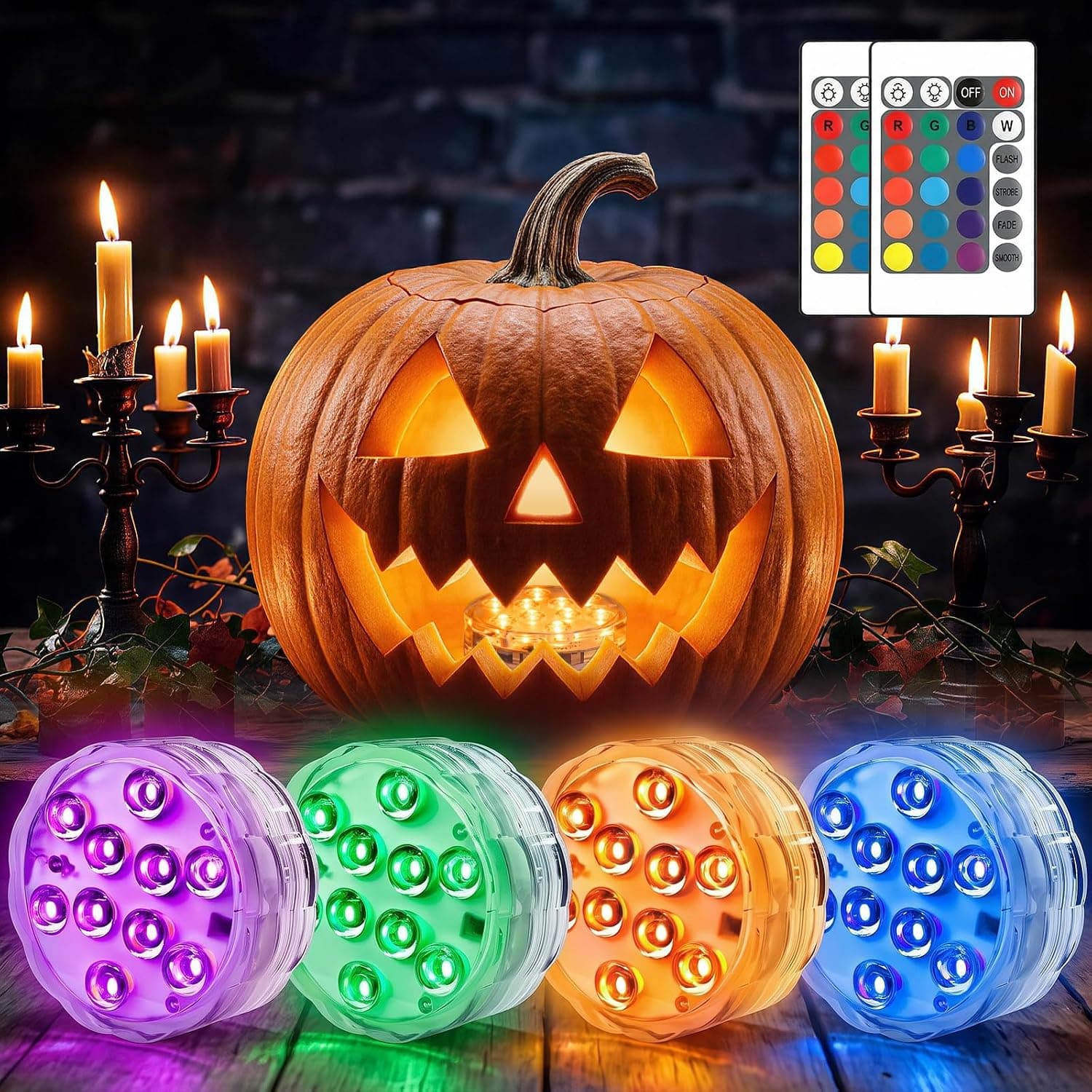 POLENTAT Halloween Pumpkin Lights, 4 Pack RGB Battery LEDs with Remote | RGB color changing lights with remote, battery powered for carved pumpkins and jack-o-lanterns, perfect for Halloween décor
