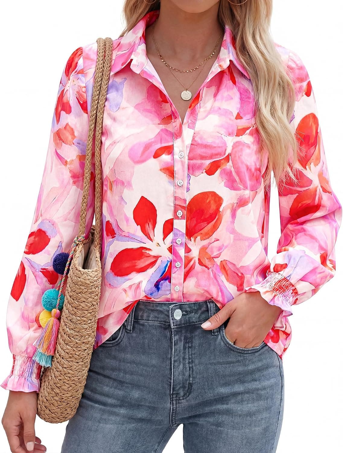 BTFBM Long Sleeve Blouses for Women,Floral Pink,Small | Floral Boho Cassic V Neck Smocked Cuffs Button Down Shirts Dressy Casual, Business Casual Outfits,Fall Fashion 2026