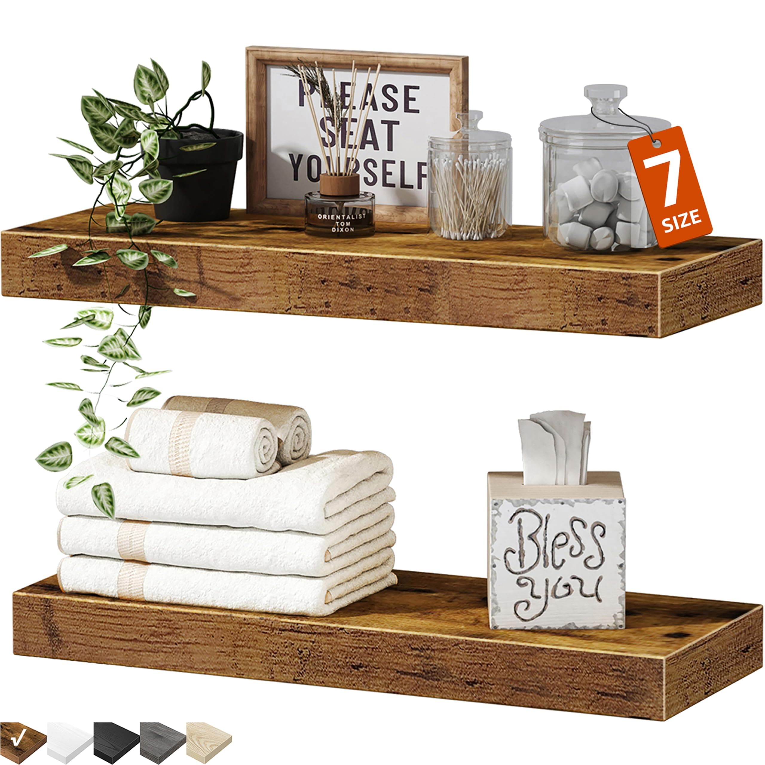 QEEIG Bathroom Long Floating Shelves for Wall (Brown, Set of 2, 23.6") | 24 inch Shelf for Farmhouse Home Decor, Rustic Plant Display, Towels Organizer, Books (008-60BN)