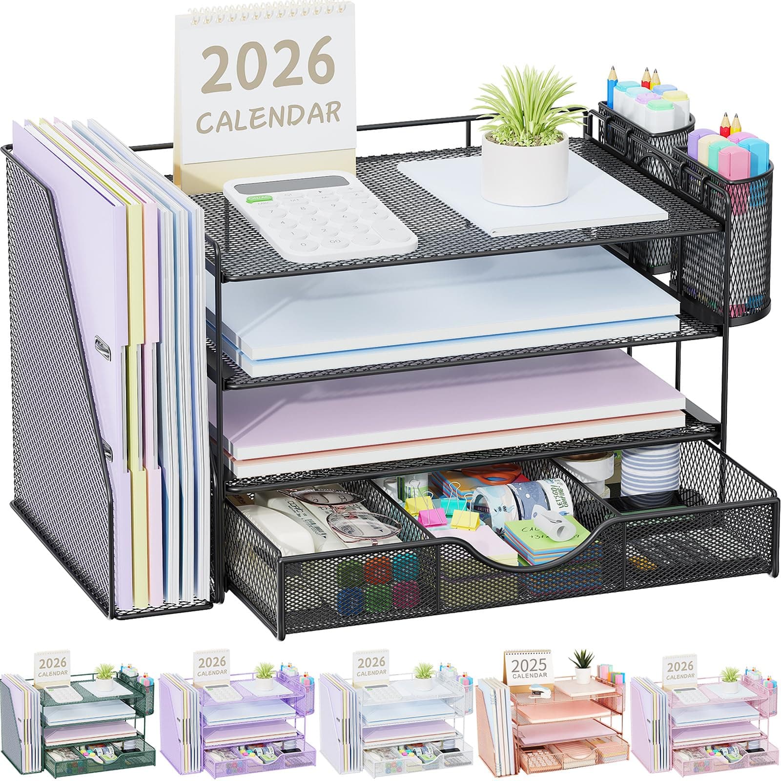 gianotter Metal Mesh Desk Organizers and Accessories with File Holder | 4-Tier with Drawer and 2 Pen Holder, Desk Accessories & Workspace Organizers, Paper Organizer for Office Supplies (Black)
