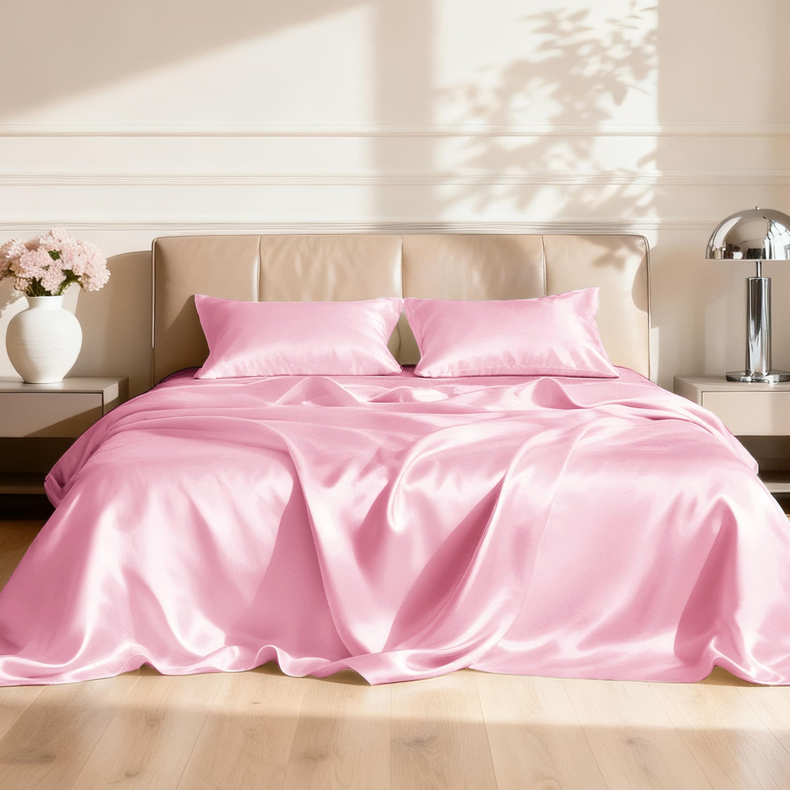 Love's cabin Satin Twin XL Sheets Set, 3 Pieces, Black, 15" Deep Pocket | Luxury Silky Touch Bedding Set: Fitted Sheet, Flat Sheet & Pillowcases, Soft Smooth Silk Feel, All-Around Elastic Snug Fit