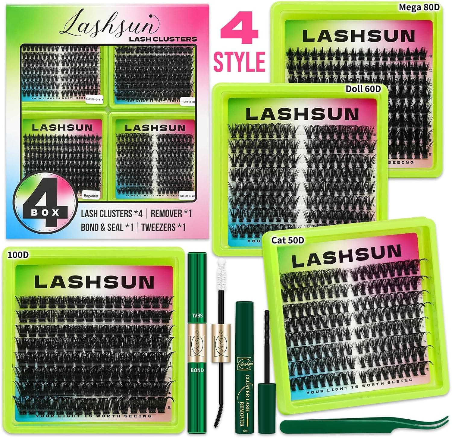 LASHSUN Lash Clusters Kit for beginner Wispy Eye Cluster Lashes Kit, DIY Lashes 560pcs Volume Cluster Gift Kit 4 Boxes Travel Set With Bond and Seal,Lash Clusters Remover and Tweezer