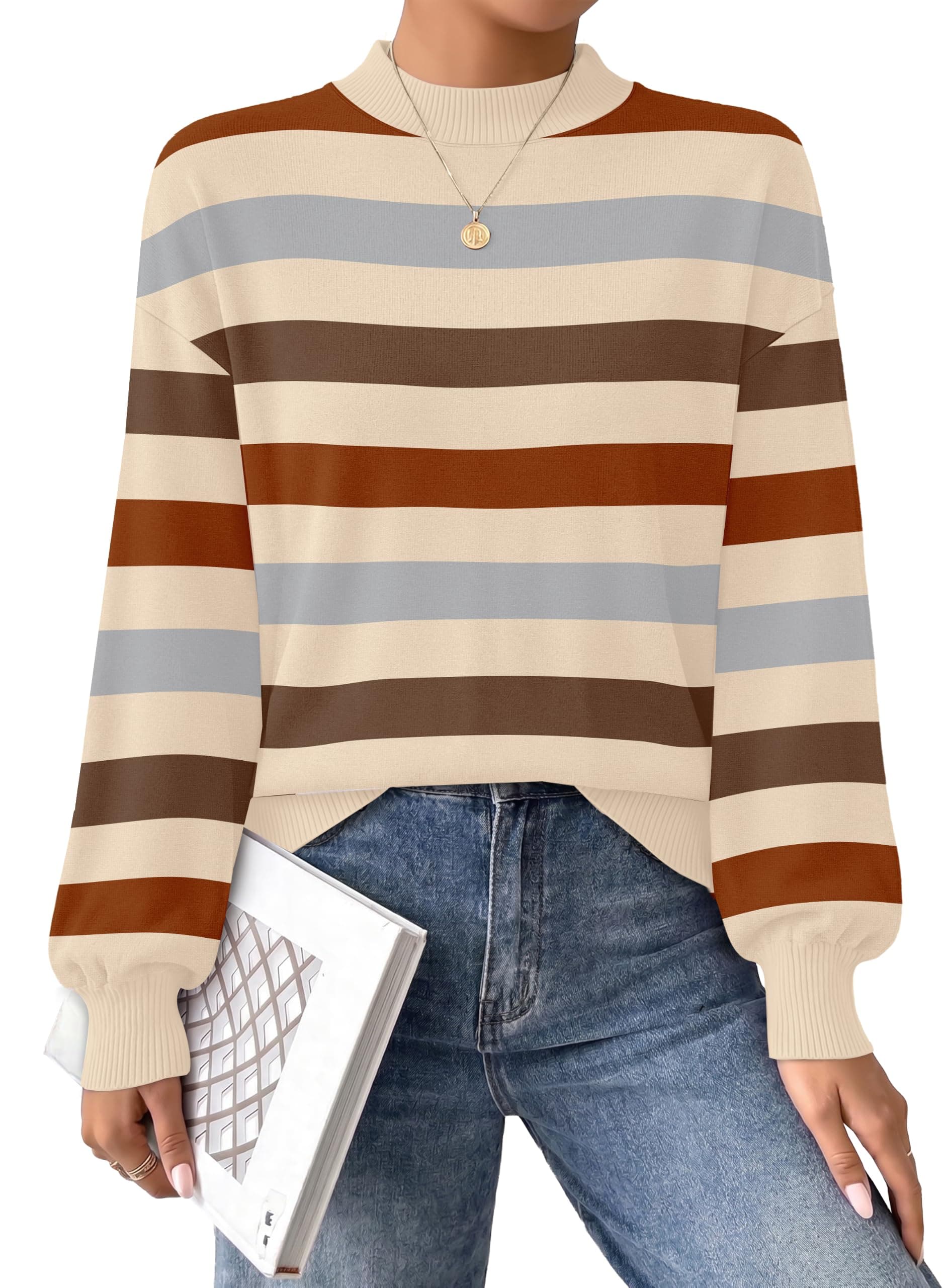 WIHOLL Womens Sweaters Mock Neck Lightweight Fall Tops Long Sleeve Shirts | Puff Sleeve,Pullover,Early Fall Fashion Clothing,Soft Knit Material,Business Casual,Vacation Outfits