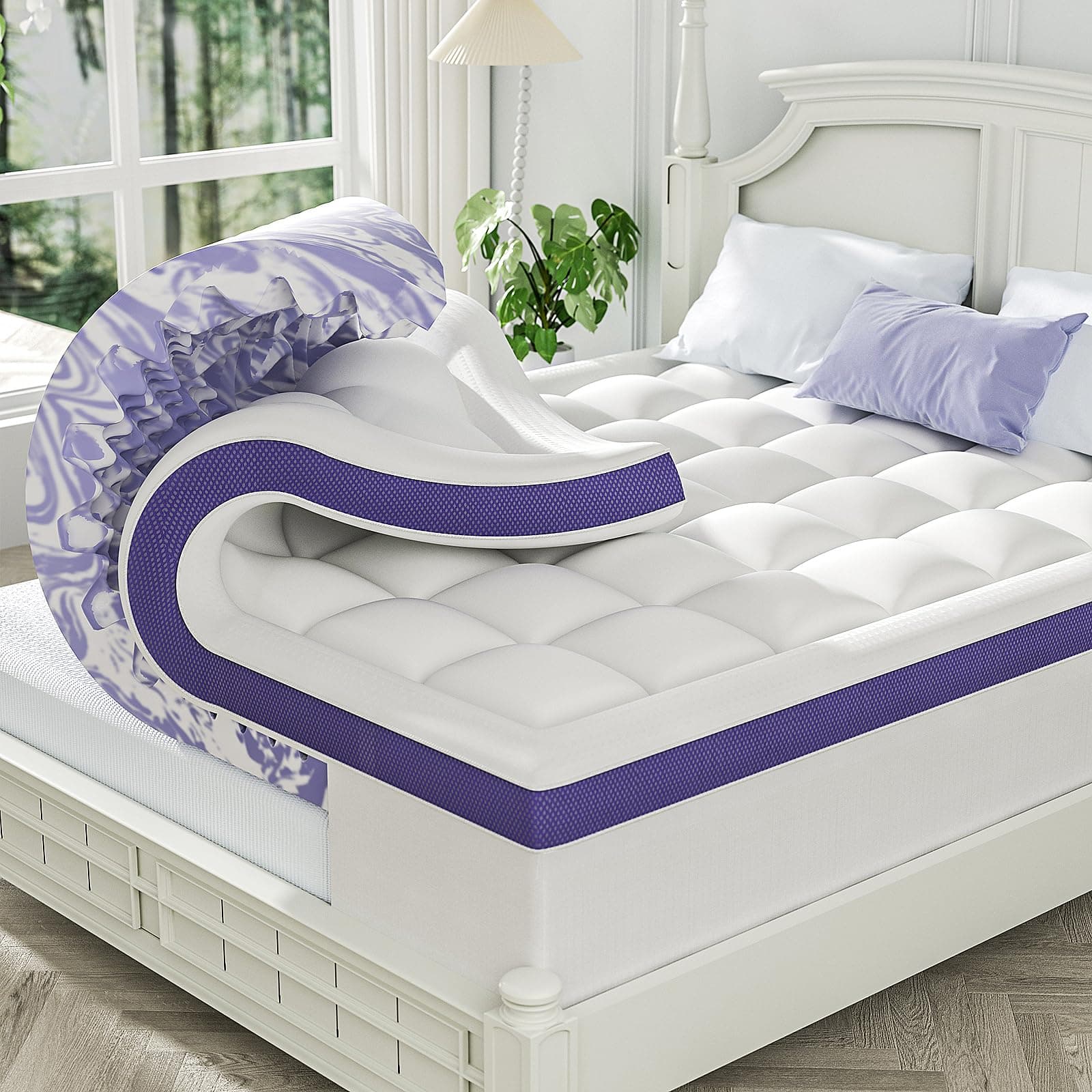 ChiXpace Dual Layer 4 Inch Memory Foam Mattress Topper Queen | 2 Inch Gel Memory Foam and 2 Inch Pillow Top Mattress Pad Cover, 7-Zone Egg Crate & 2-in-1 Design (White)