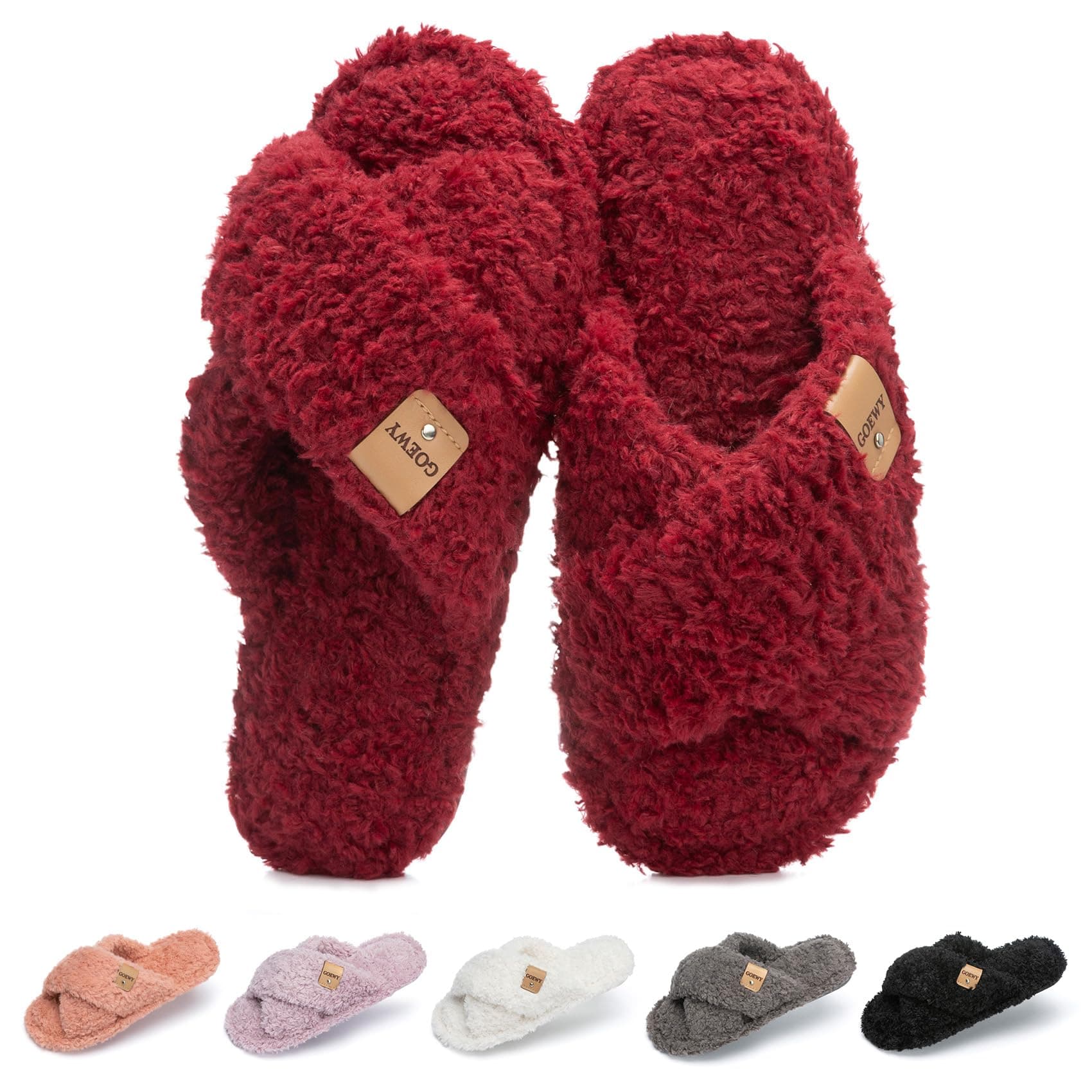 GOEWY Fuzzy Open Toe Slippers for Women Cozy Memory Foam House Shoes Indoor | Cute Cross Band,Soft Faux Fur,Anti-slip Sole Outdoor,Machine-washable,Lightweight,Slip on Gifts for Women,Mom and Bridesmaid