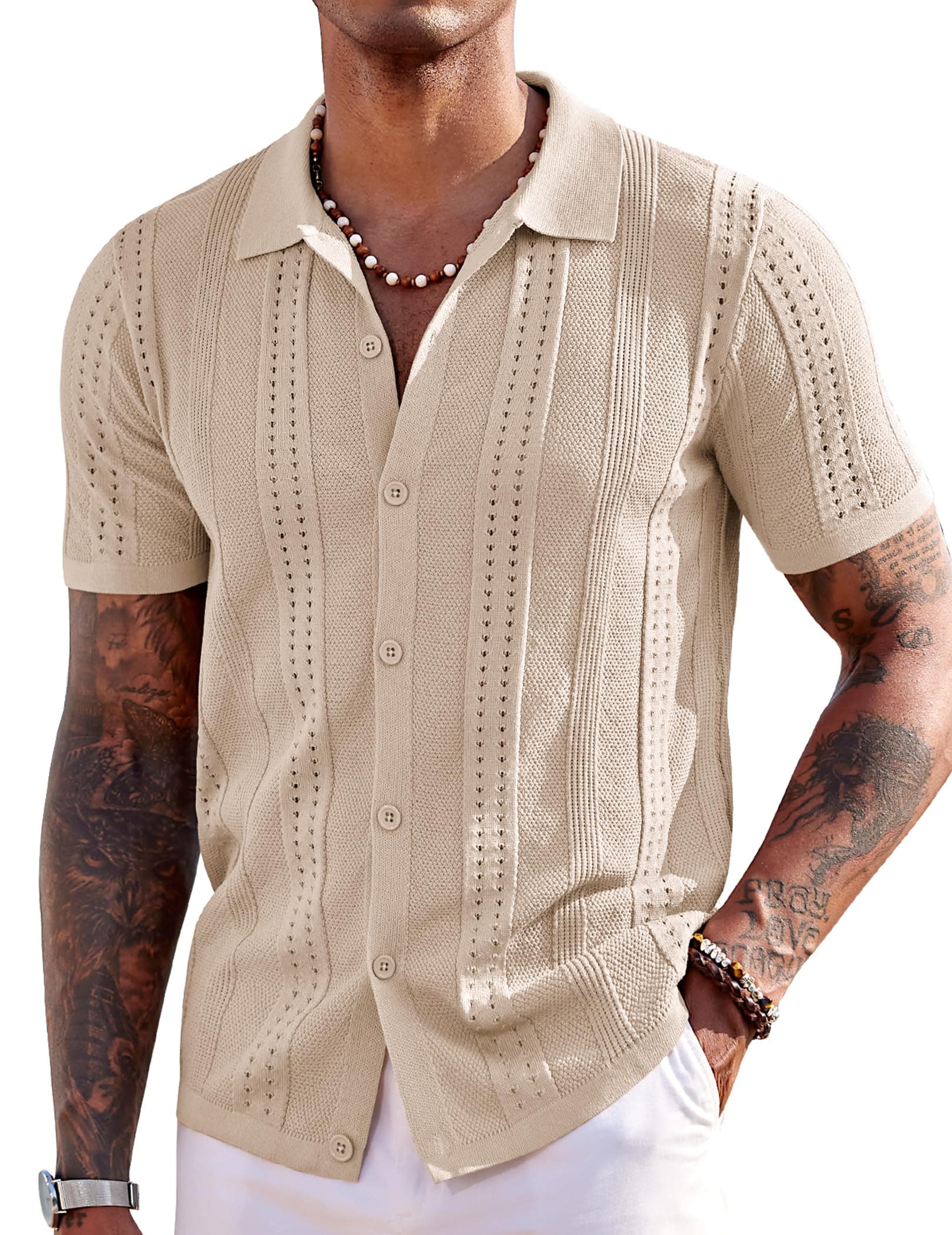 COOFANDY Men's Knit Shirts Short Sleeve Button Down Polo Shirt Summer Beach | Fashion Knitted Casual Shirt, Breathable Hollow Out, Lightweight, Vacation Season Staple